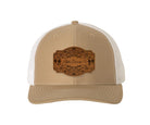 Alpha Omicron Pi Richardson 112 Leatherette Patch Trucker Hat - Scroll Khaki White Trucker Hat
