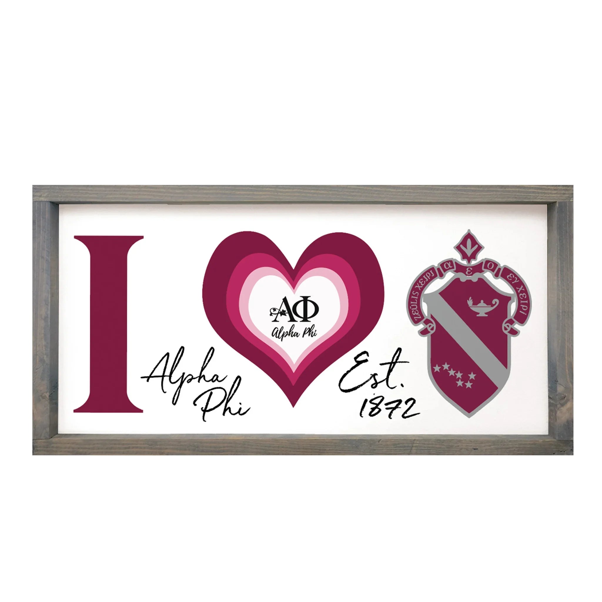 Alpha Phi Sign Large 12x24 "I Heart" Wood Framed Sign WG