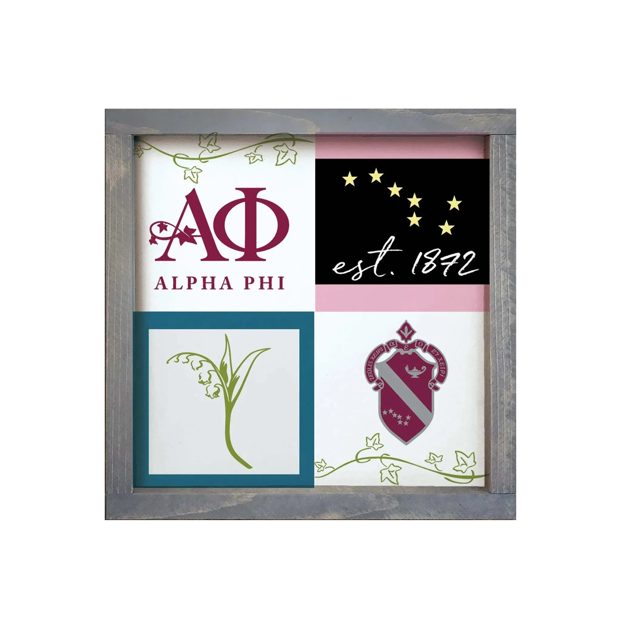 Alpha Phi 12x12 Classic Color Block Wood Framed Sign Weathered Gray Wall Art & Signs
