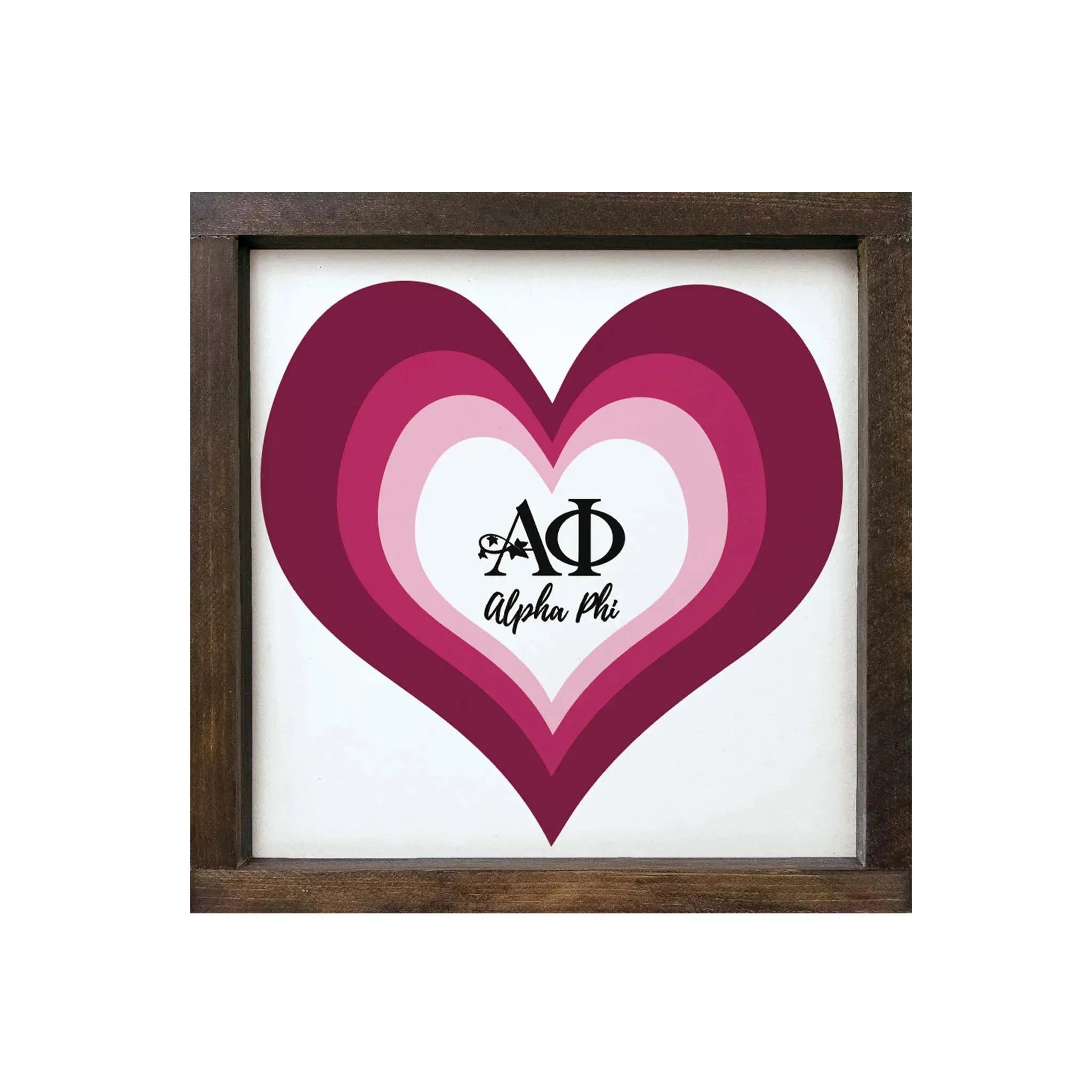 Alpha Phi 12x12 Layered Heart Wood Framed Sign Walnut Stain Wall Art & Signs