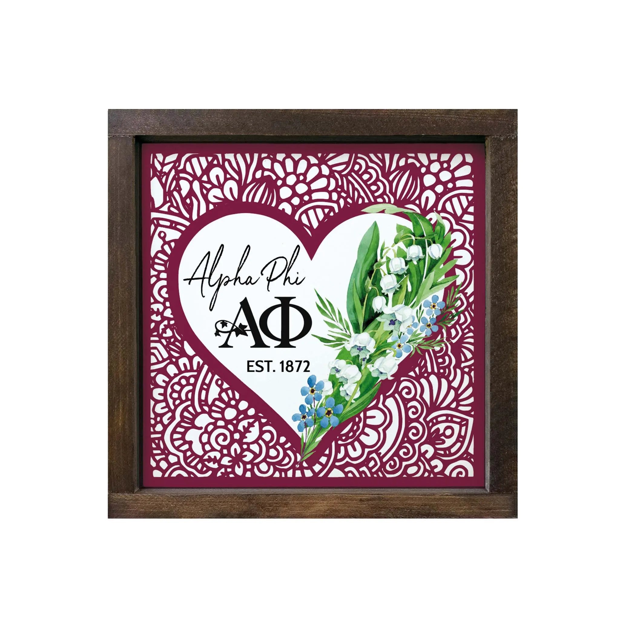 Alpha Phi 12x12 Wood Framed Sign - Mandala Heart Lily | APhi Gifts