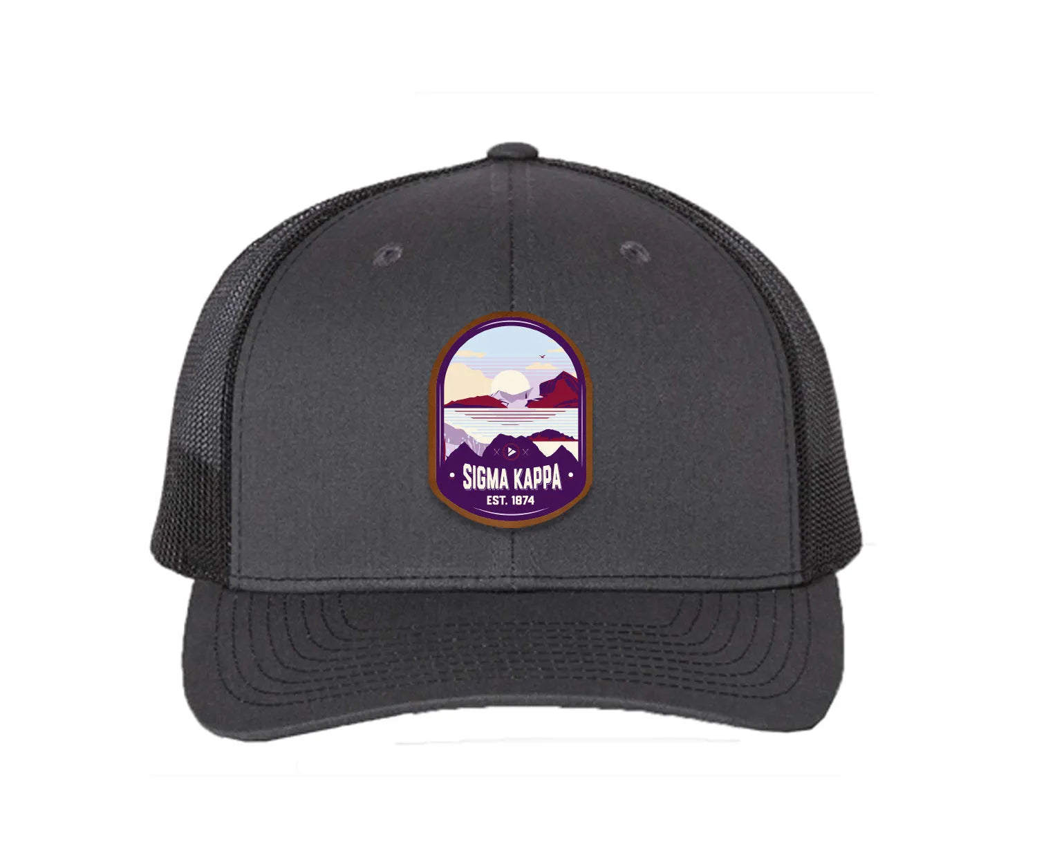 Sigma Kappa Richardson 112 UV Print Leatherette Patch Trucker Hat - Ventura Charcoal Black Trucker Hat