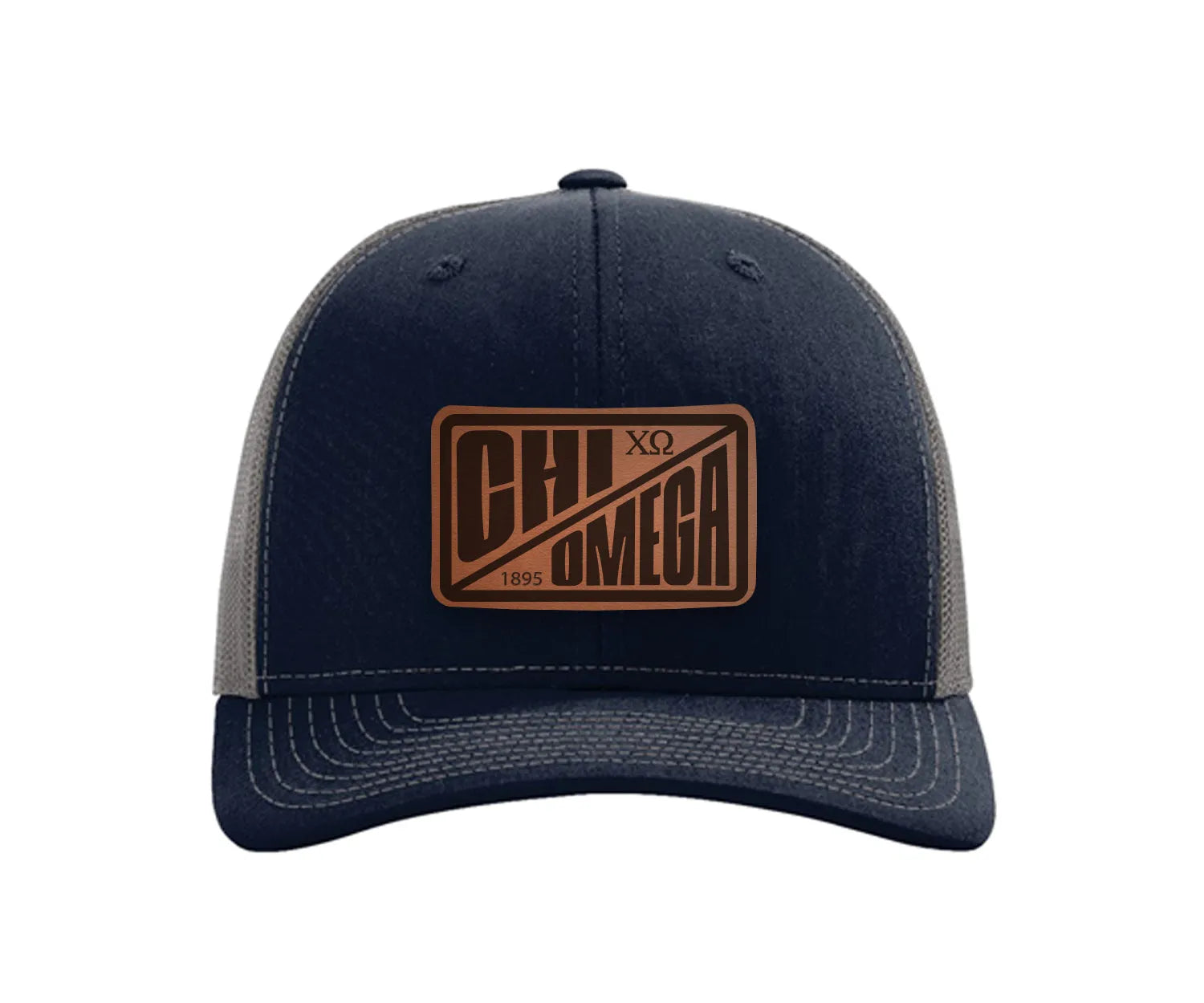 Chi Omega Richardson 112 Leatherette Patch Trucker Hat - Divide Navy Charcoal Trucker Hat