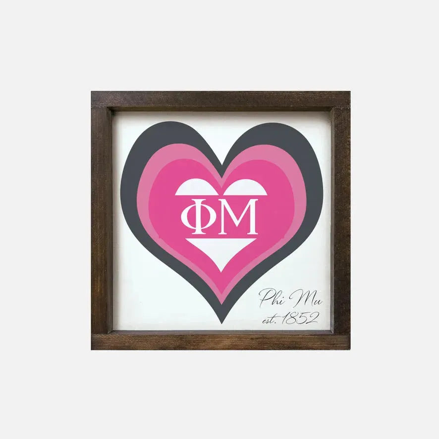 Phi Mu 12x12 Heart Wood Framed Sign Walnut Stain Wall Art & Signs