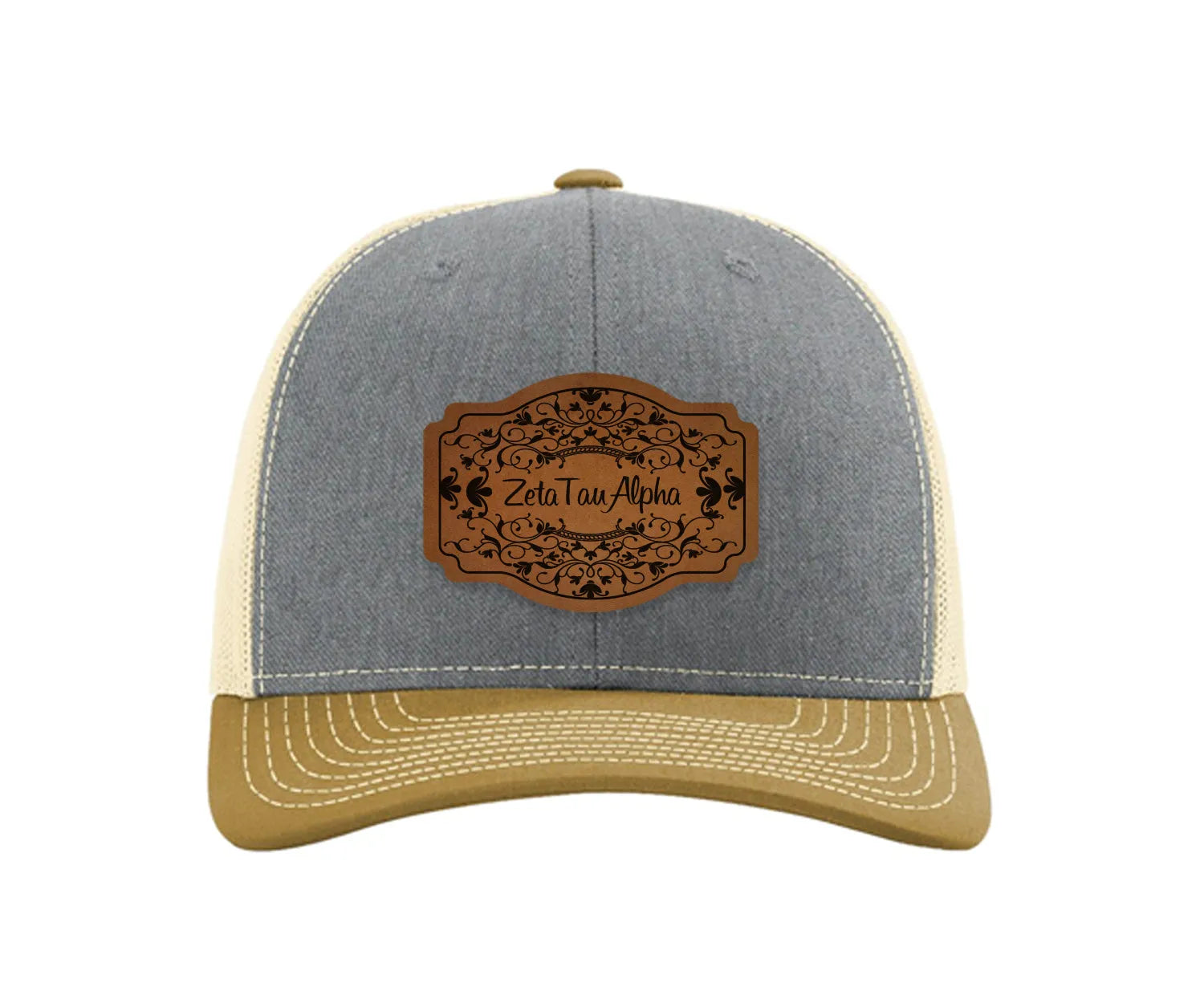 Zeta Tau Alpha Richardson 112 Leatherette Patch Trucker Hat - Scroll Heather Gray Birch Amber Gold Trucker Hat