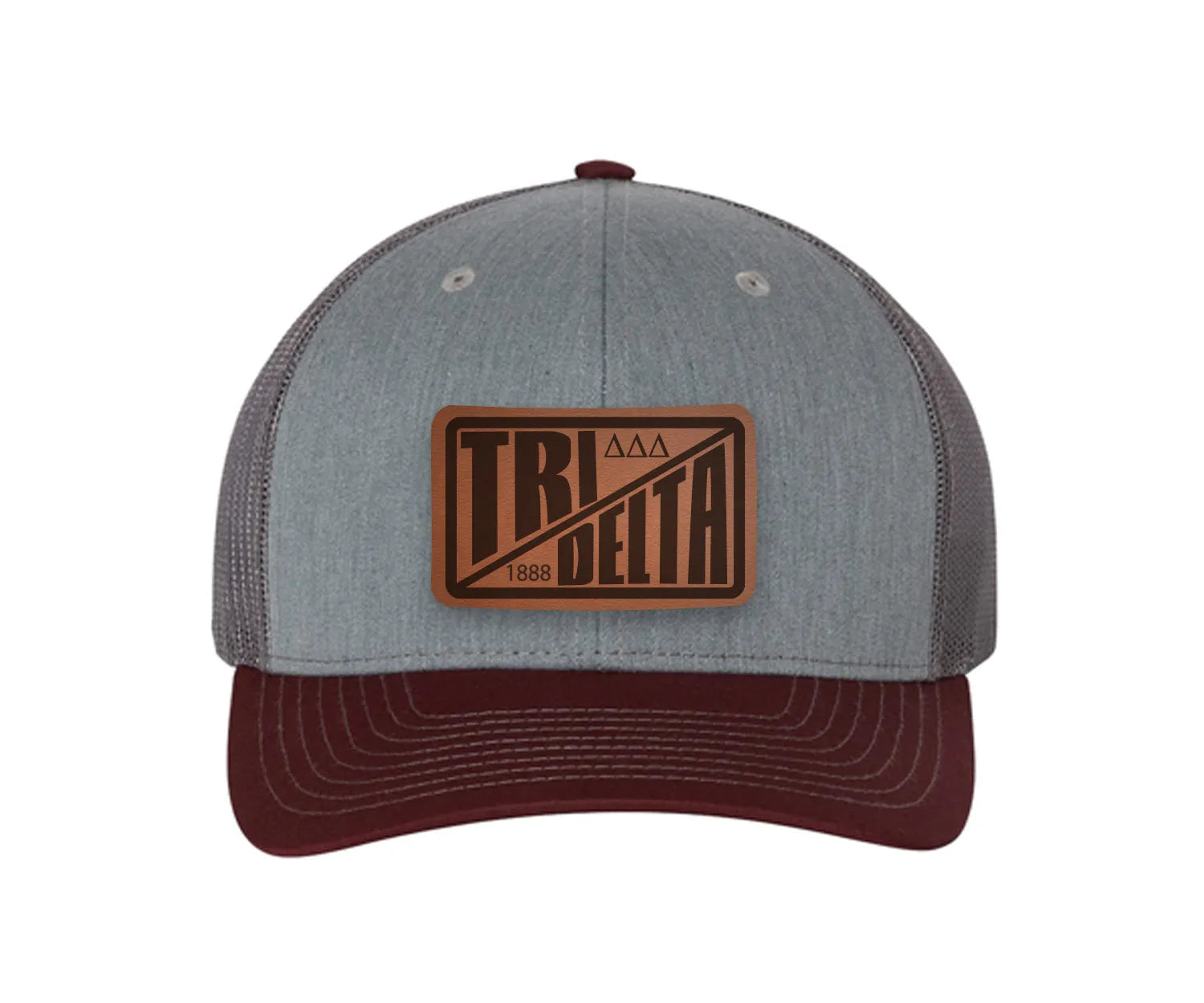 Tri Delta Richardson 112 Leatherette Patch Trucker Hat - Divide Heather Gray Charcoal Maroon Trucker Hat