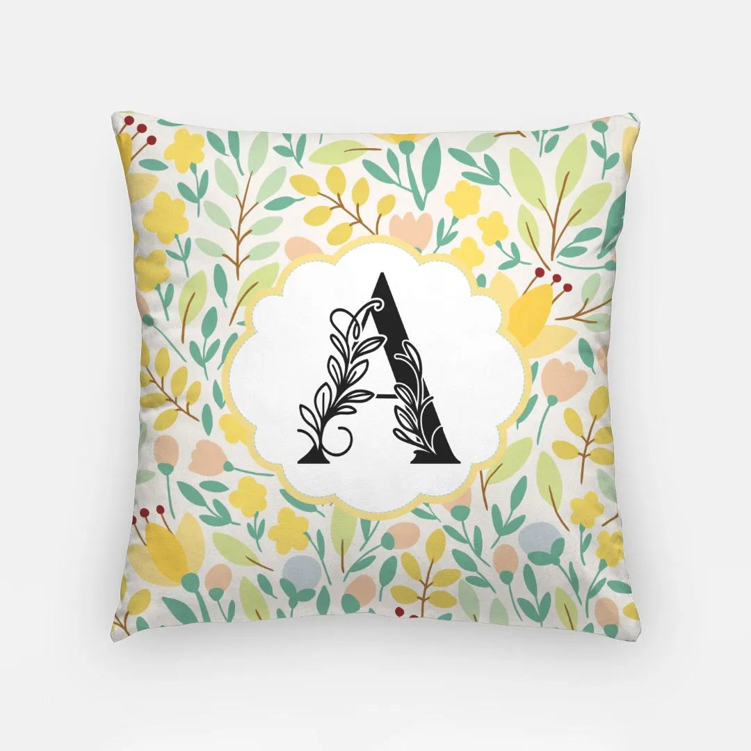 Flat Leaf Floral Monogram Pillow Cover 18" Yellow Monogram Pillow Covers