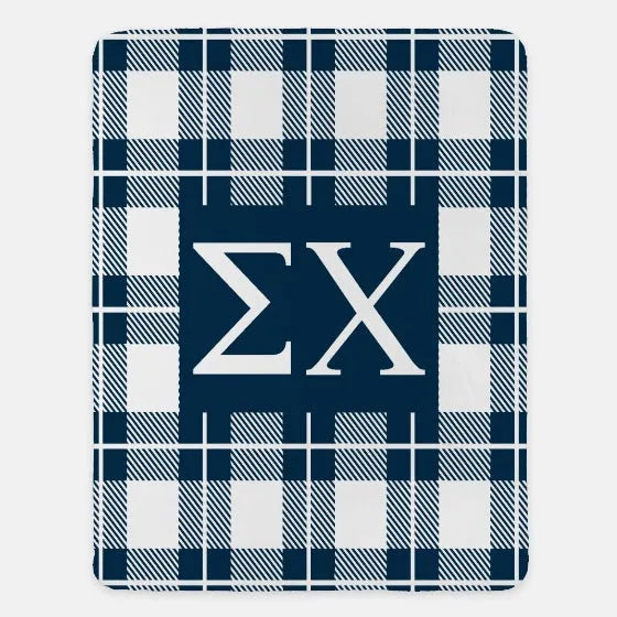 Sigma Chi XL 60x80 Sherpa Throw Blanket - Plaid Deep Blue Throw Blankets