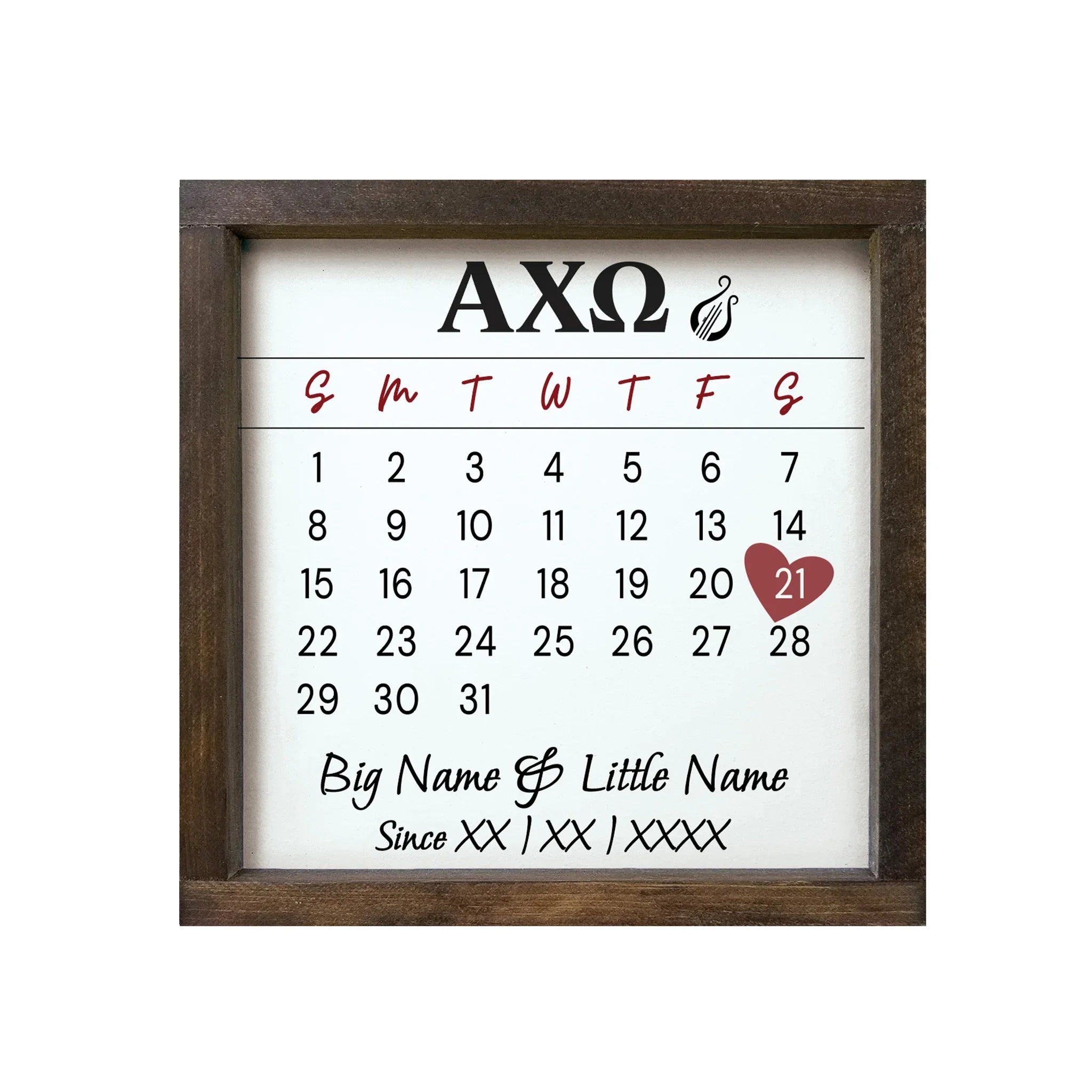 Alpha Chi Omega Personalized Big Little Calendar Framed Sign - 12x12