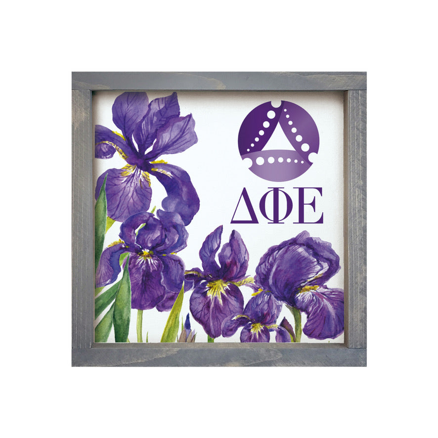 Delta Phi Epsilon 12x12 Wood Framed Sign - Purple Iris | DPHIE Gifts