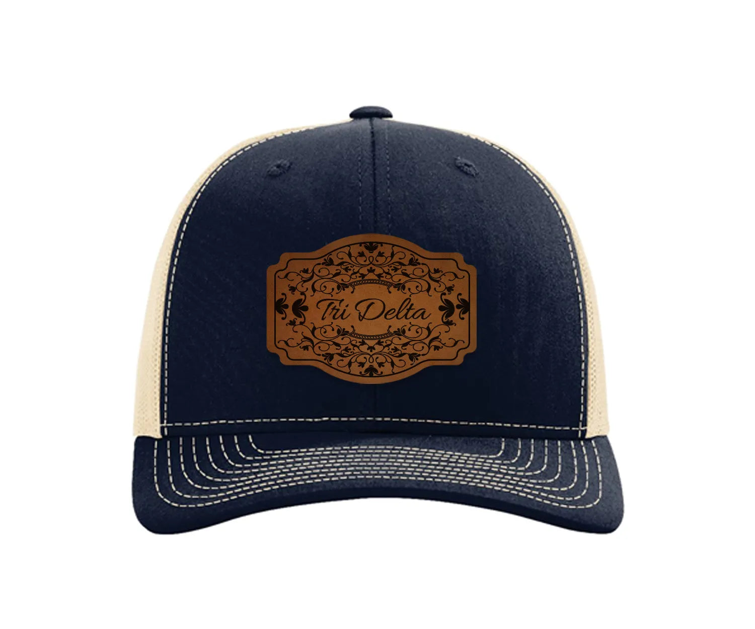 Tri Delta Richardson 112 Leatherette Patch Trucker Hat - Scroll Navy Khaki Trucker Hat