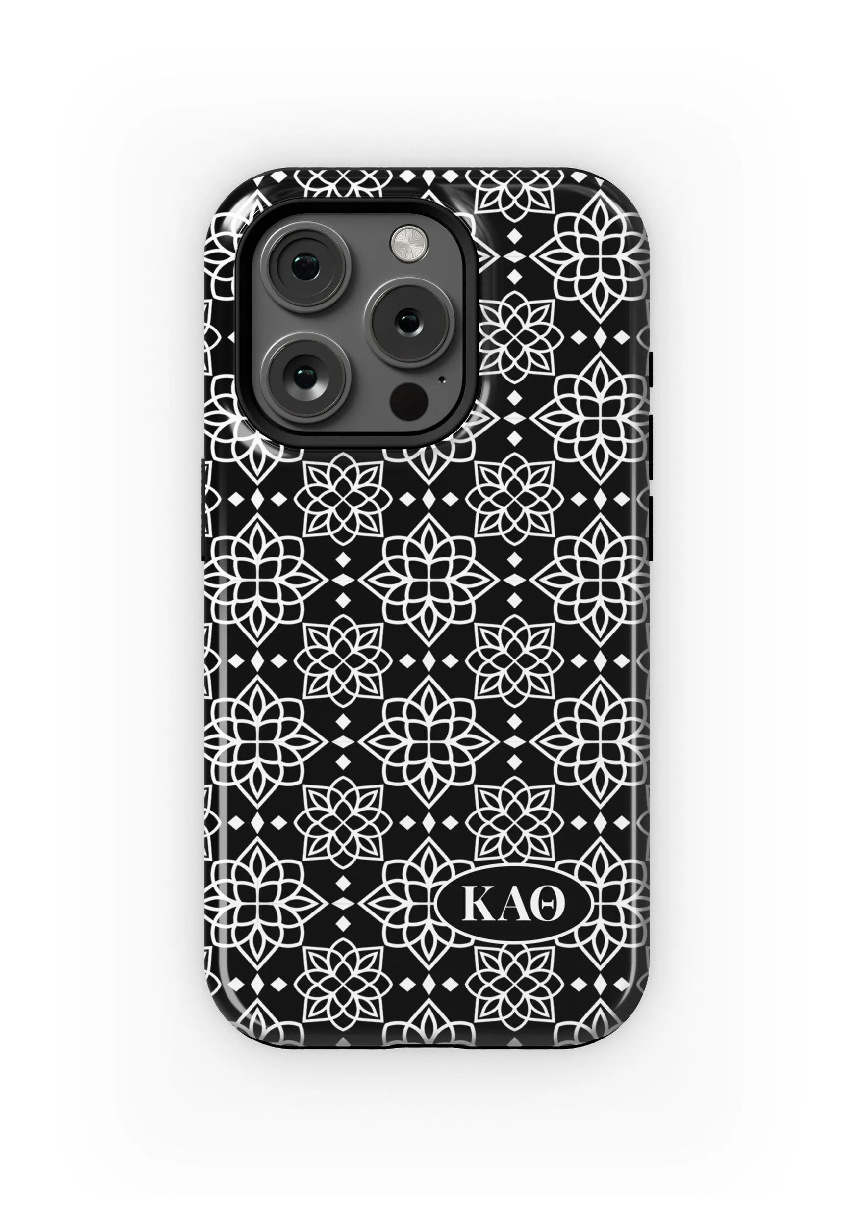 Kappa Alpha Theta iPhone 16, 15, 14 Mobile Phone Case - Black Ornate Gloss Mobile Phone Cases