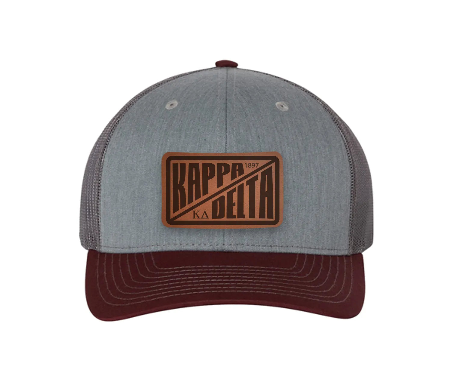 Kappa Delta Richardson 112 Leatherette Patch Trucker Hat - Divide Heather Gray Charcoal Maroon Trucker Hat