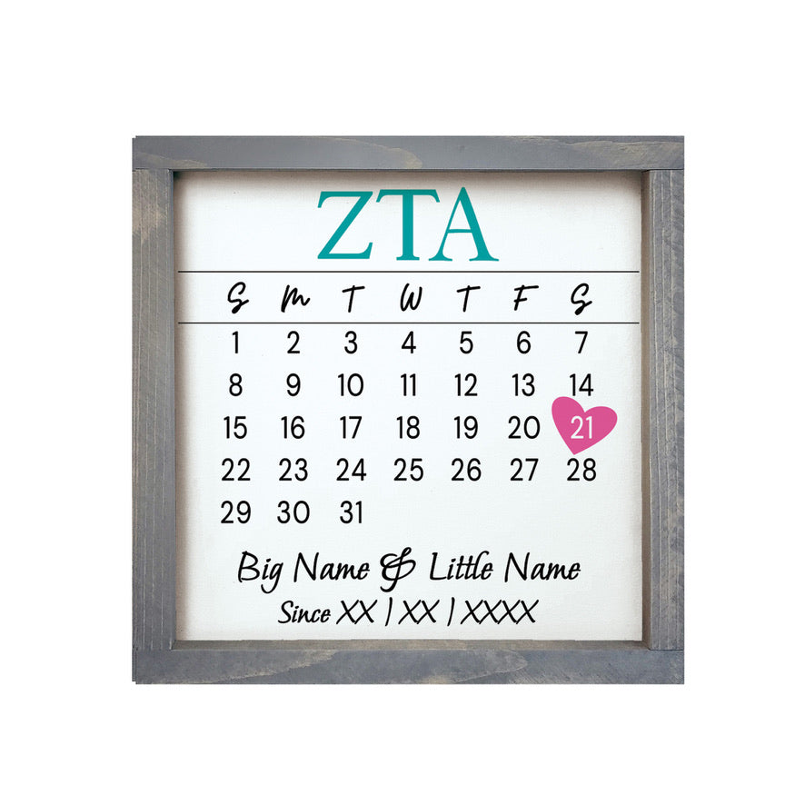 Zeta Tau Alpha Personalized Big Little Calendar Framed Sign - 12x12