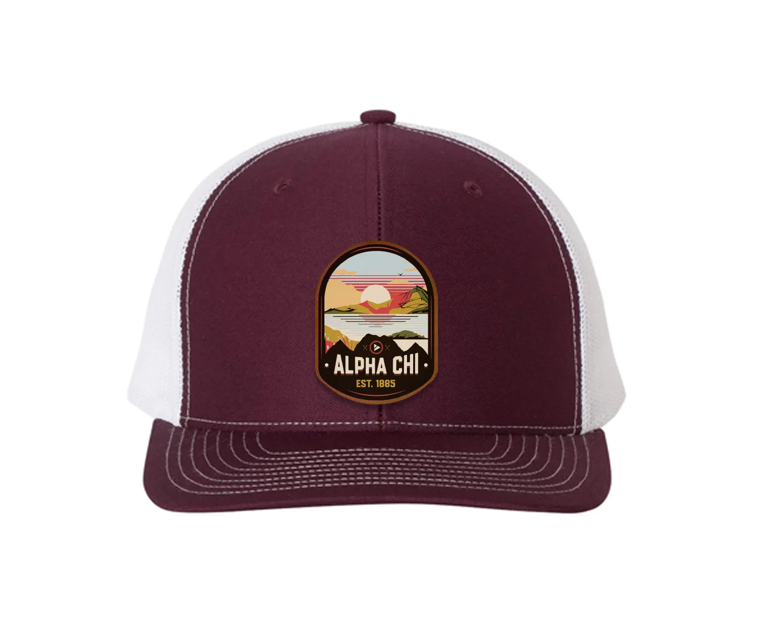 Alpha Chi Omega Richardson 112 UV Print Leatherette Patch Trucker Hat - Ventura Maroon White Trucker Hat