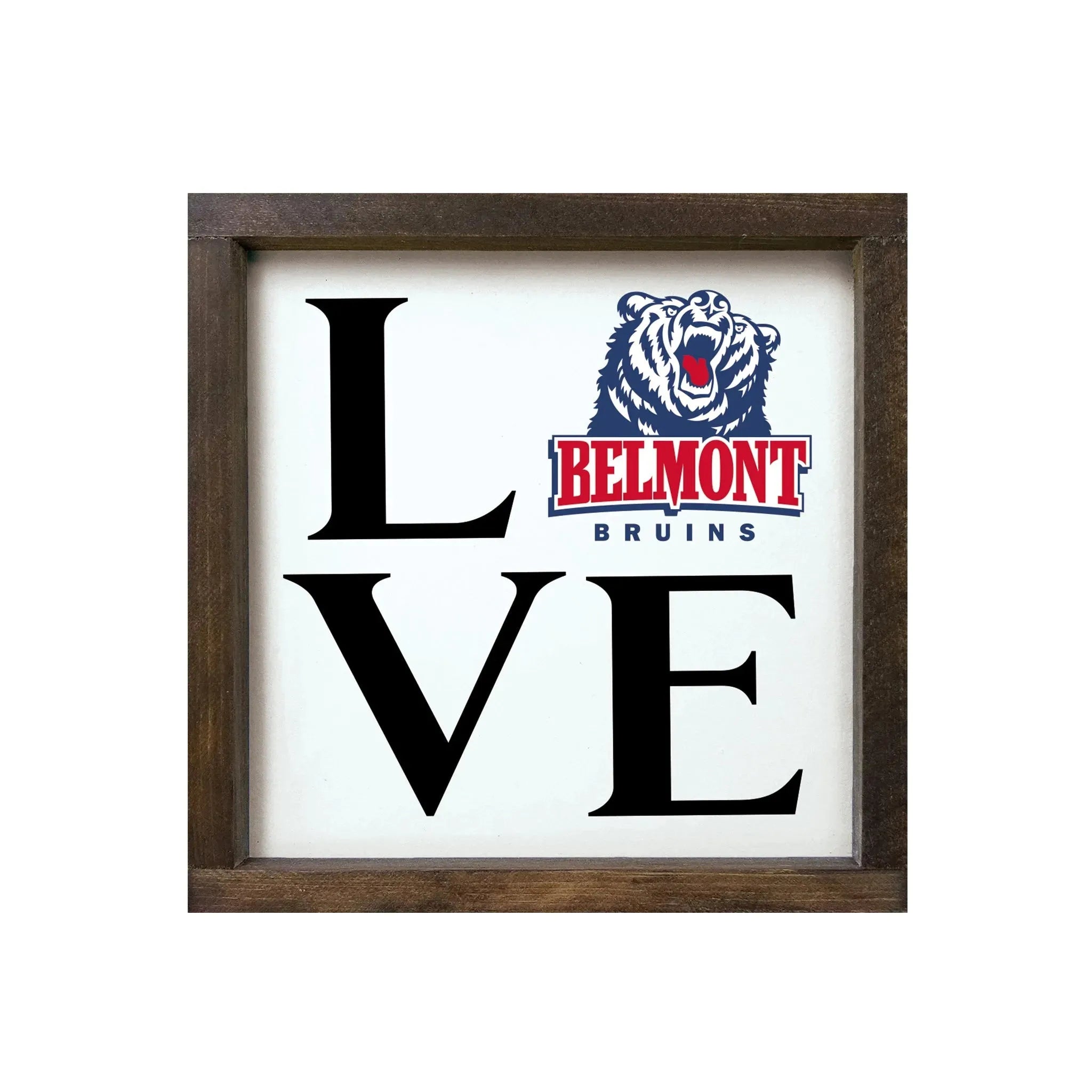 Belmont University Framed Sign - "LOVE" 12"x12" Walnut Stain Wall Art & Signs