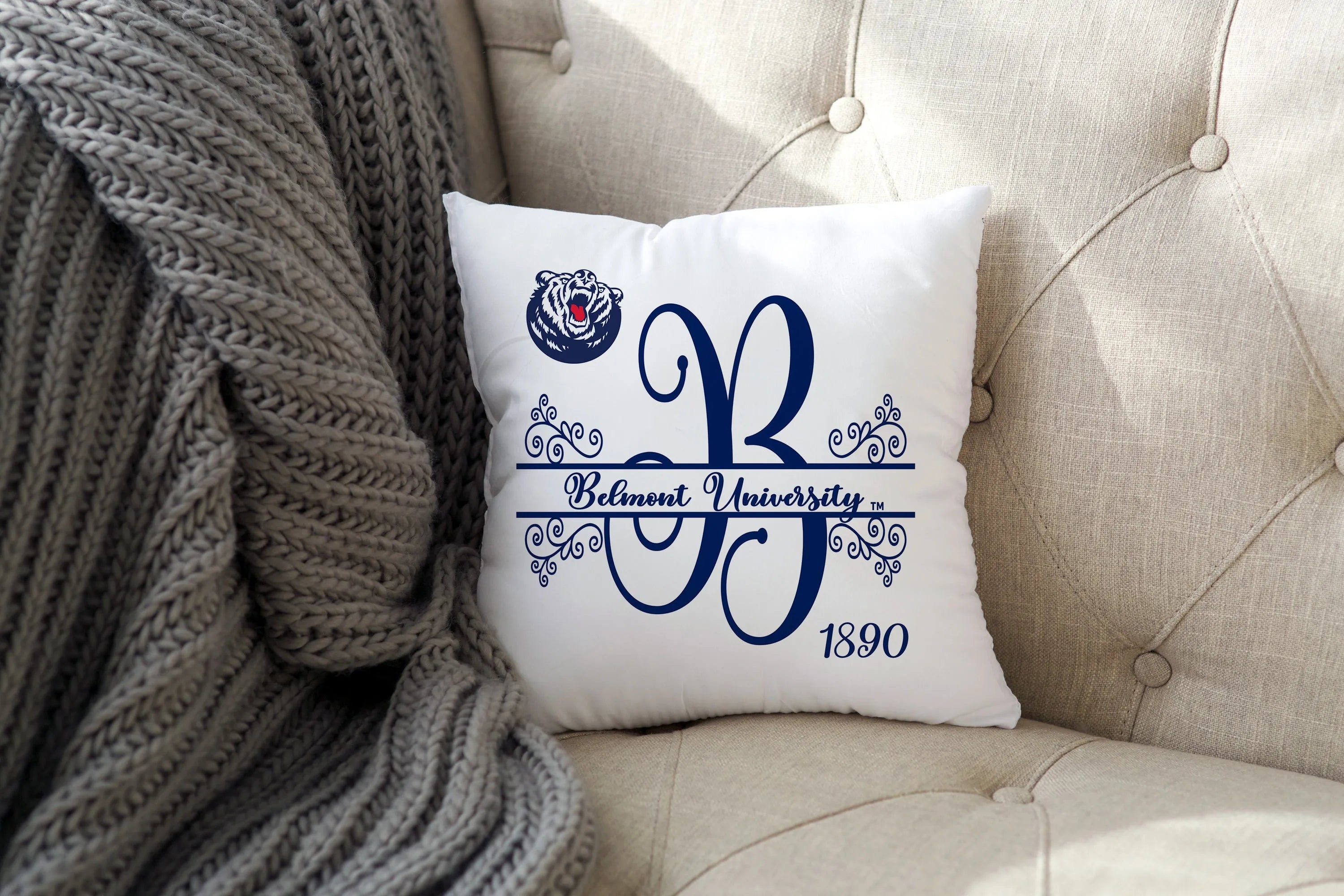 Belmont University Monogram Throw Pillow Cover 18" | Custom Gifts and Decor | Festive Fit Home