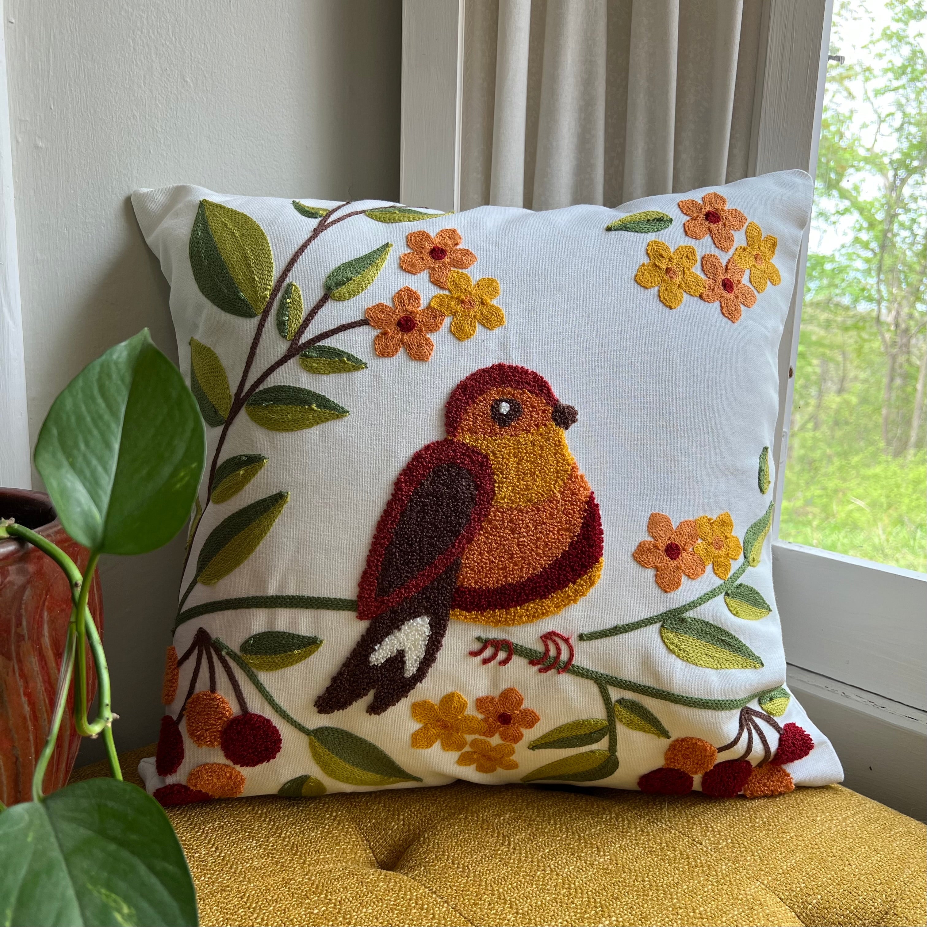 Bird & Bloom Embroidered Pillow Cover | Dorm Decor