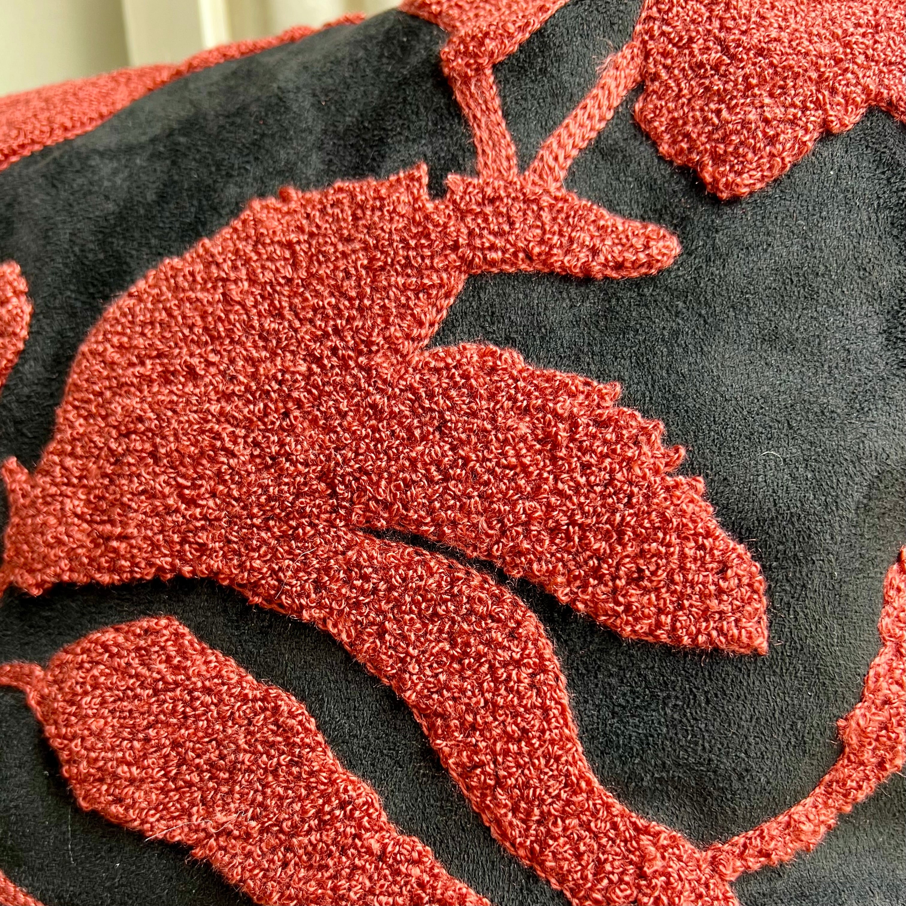 Red and Black Floral Embroidered Pillow Cover | Colorful Dorm Decor