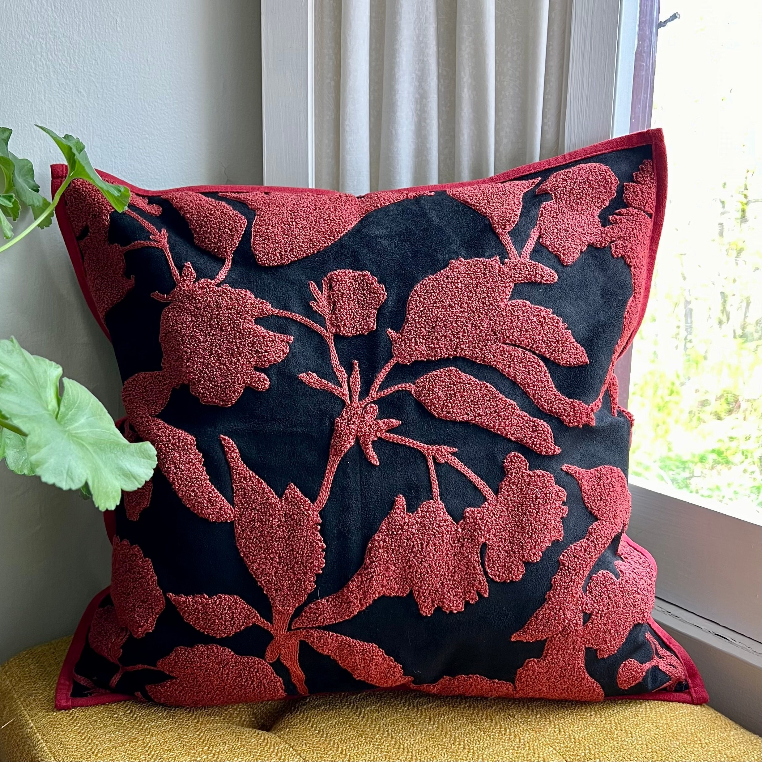 Red and Black Floral Embroidered Pillow Cover | Colorful Dorm Decor