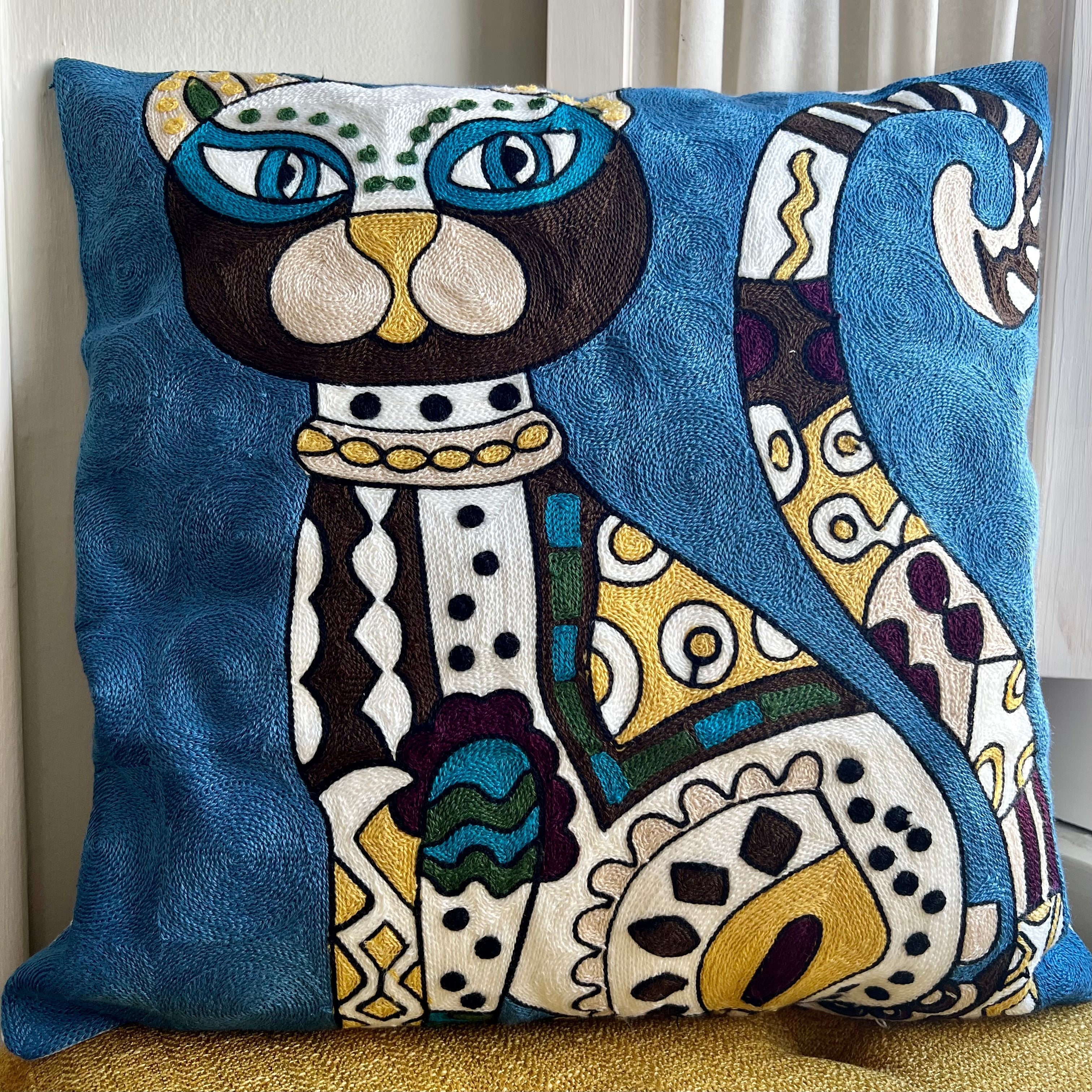 Blue Abstract Cat Embroidered Pillow Cover | Dorm Decor