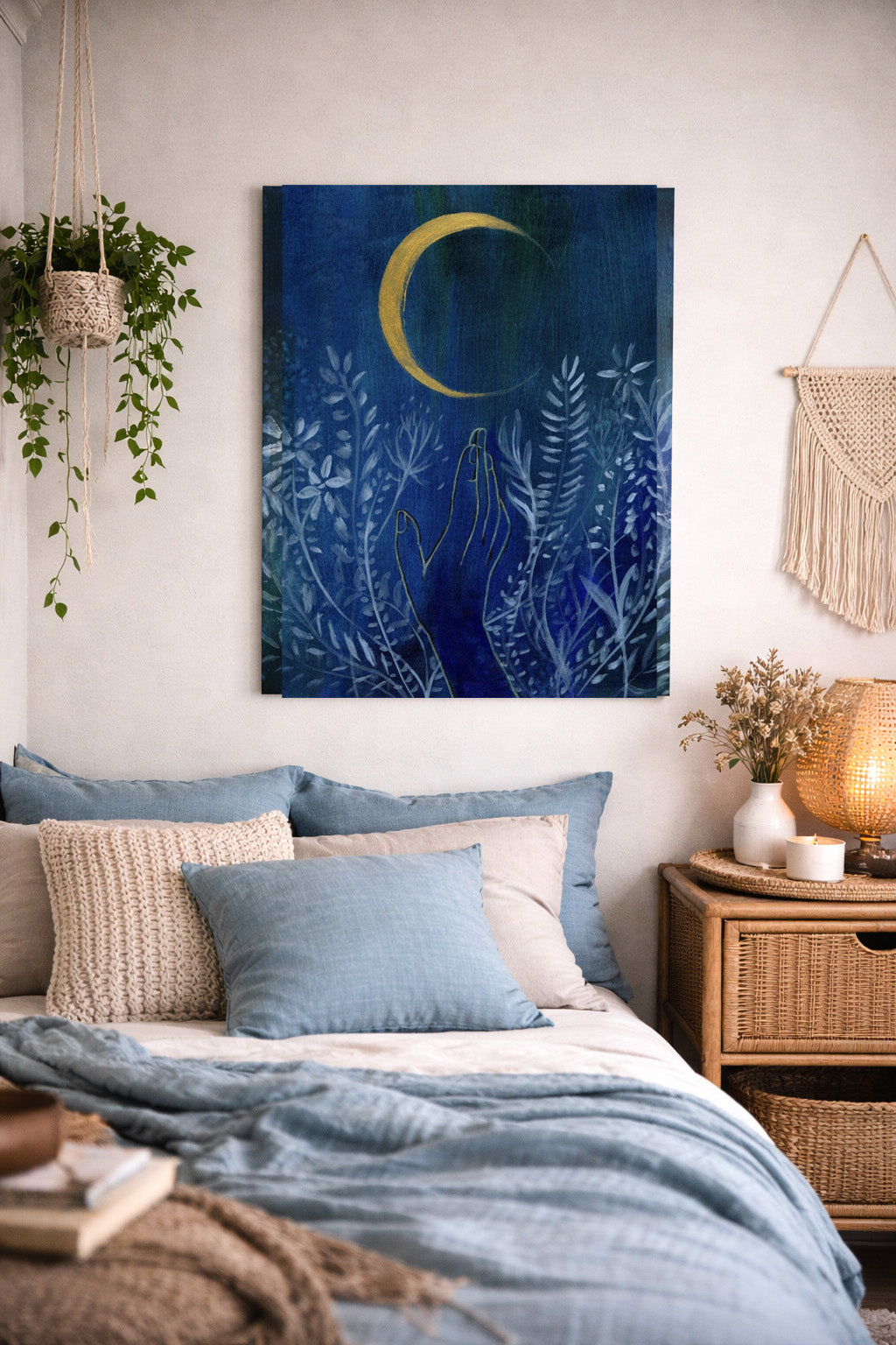 Blue Flower Moon Art Print | Boho Art Print | Dorm Decor
