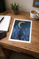 Blue Flower Moon Art Print | Boho Art Print | Dorm Decor
