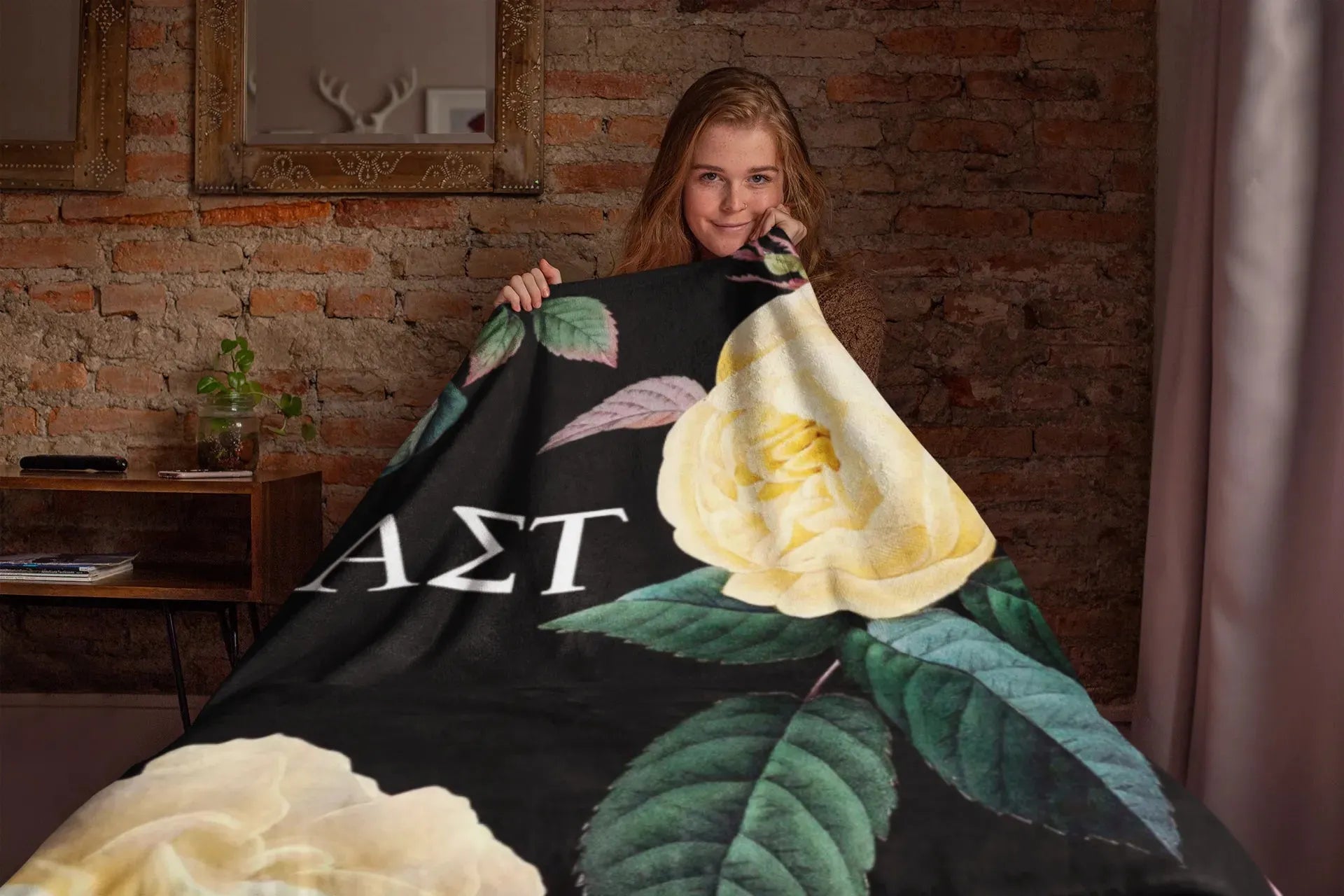 Alpha Sigma Tau XL 60x80 Sherpa Throw Blanket - Yellow Roses Throw Blankets