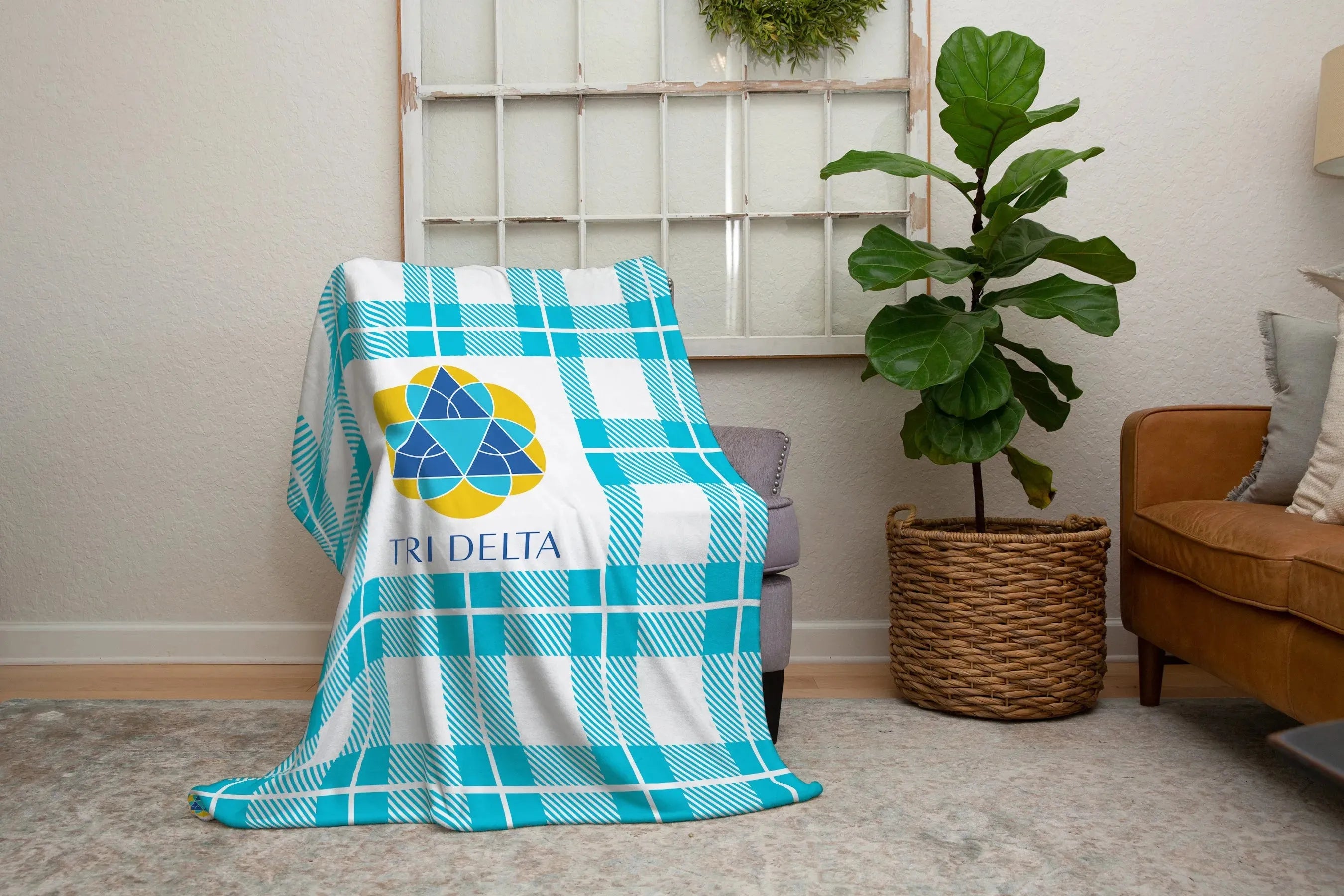 Tri Delta XL 60x80 Plaid Sherpa Blanket - Bright Blue Throw Blankets