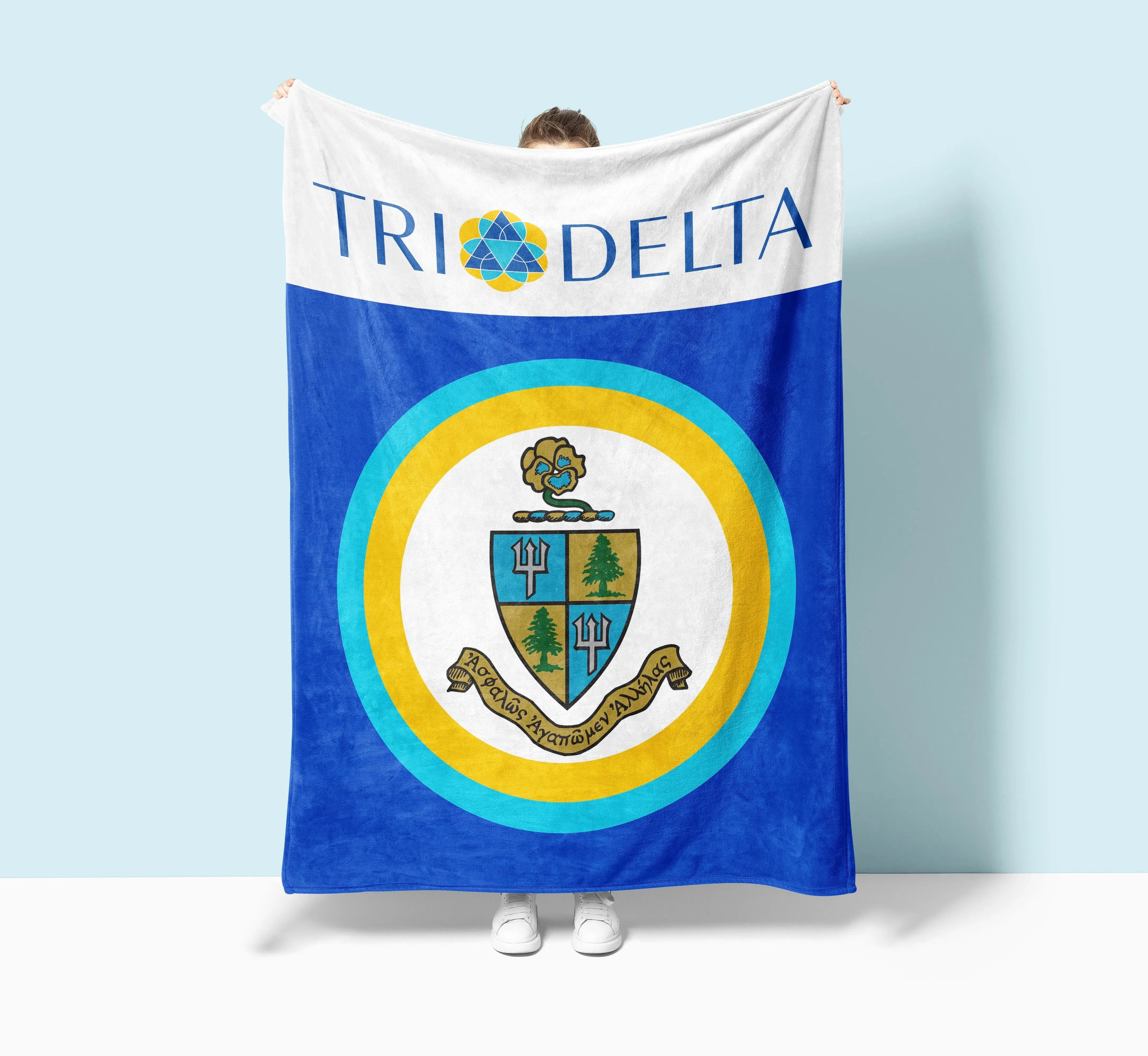 Tri Delta XL 60x80 Sherpa Blanket - Wide Band Coat of Arms Throw Blankets