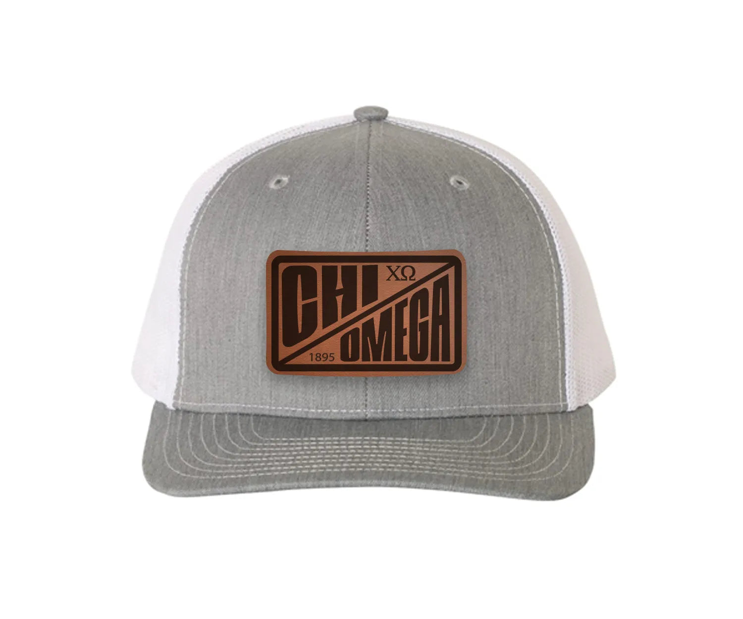 Chi Omega Richardson 112 Leatherette Patch Trucker Hat - Divide Heather Gray White Trucker Hat