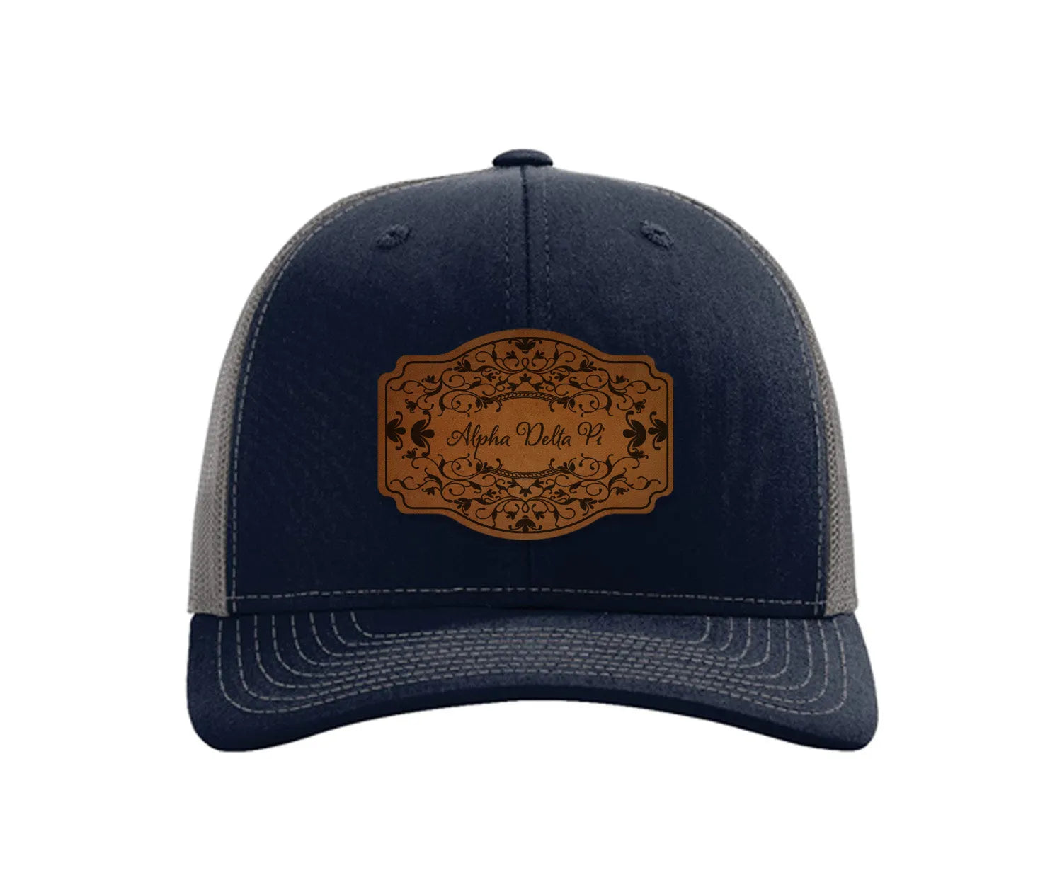 Alpha Delta Pi Richardson 112 Leatherette Patch Trucker Hat - Scroll Navy Khaki Trucker Hat