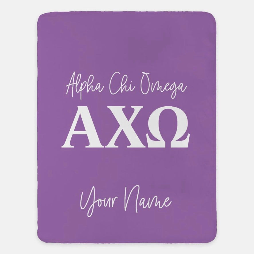 Personalized Alpha Chi Omega XL 60x80 Sherpa Blanket | AXO Gifts & Decor | Campus Greek Fit