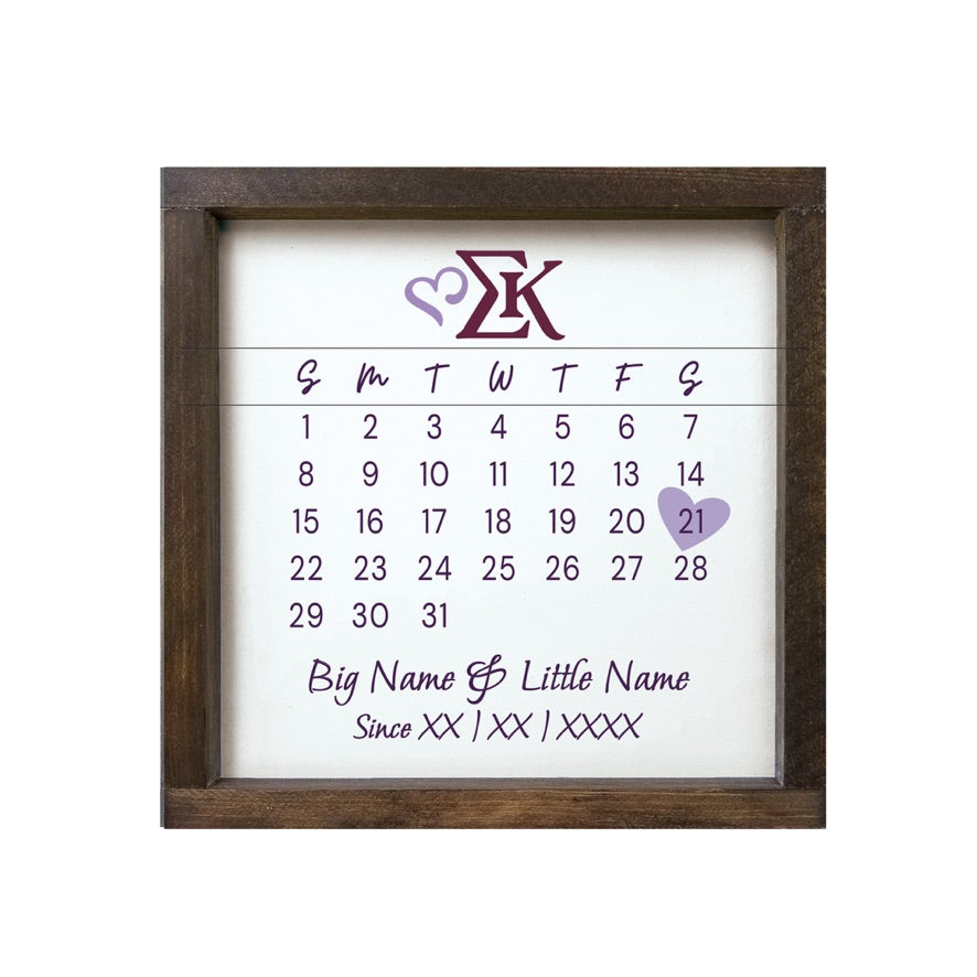Sigma Kappa Personalized Big Little Calendar Framed Sign - 12x12