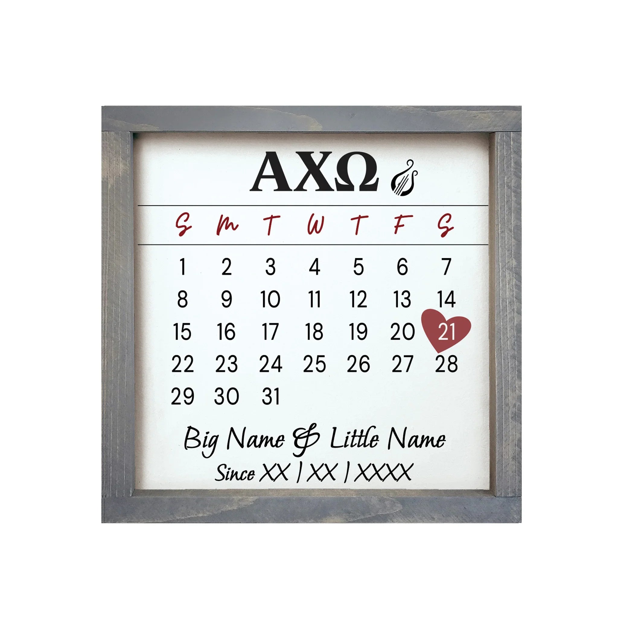 Alpha Chi Omega Personalized Big Little Calendar Framed Sign - 12x12