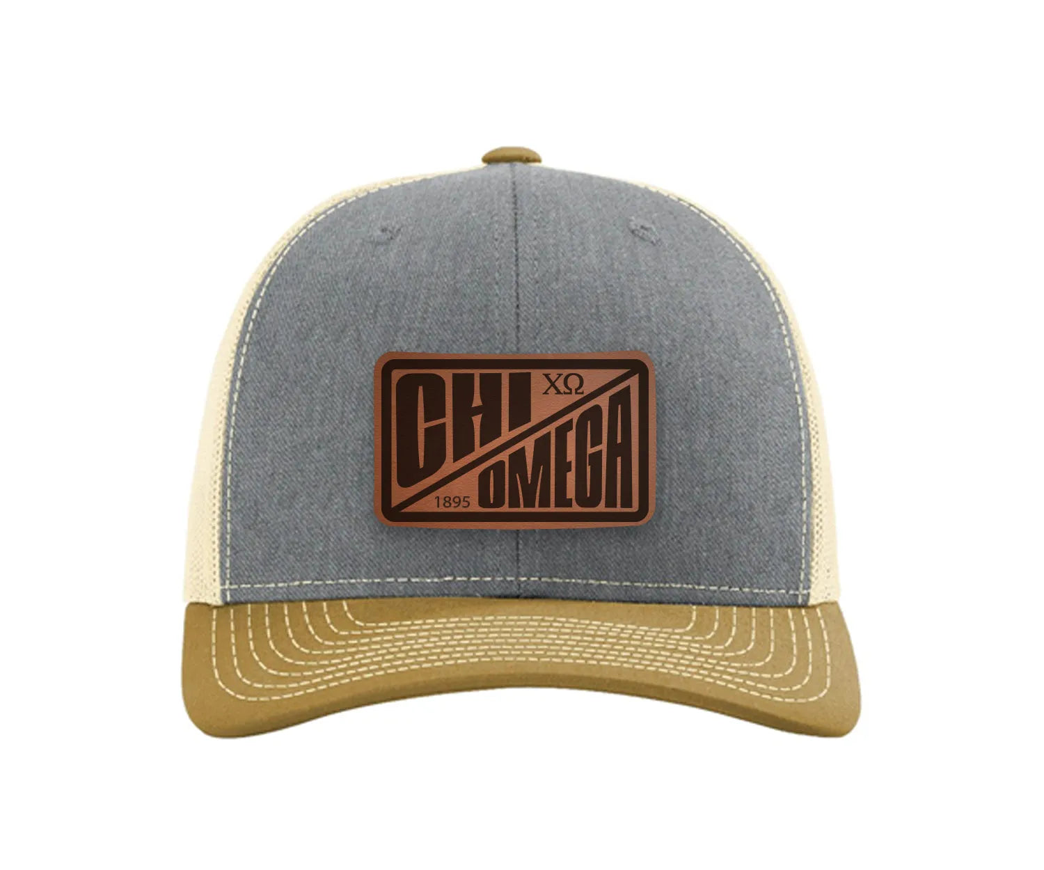 Chi Omega Richardson 112 Leatherette Patch Trucker Hat - Divide Heather Gray Birch Amber Gold Trucker Hat