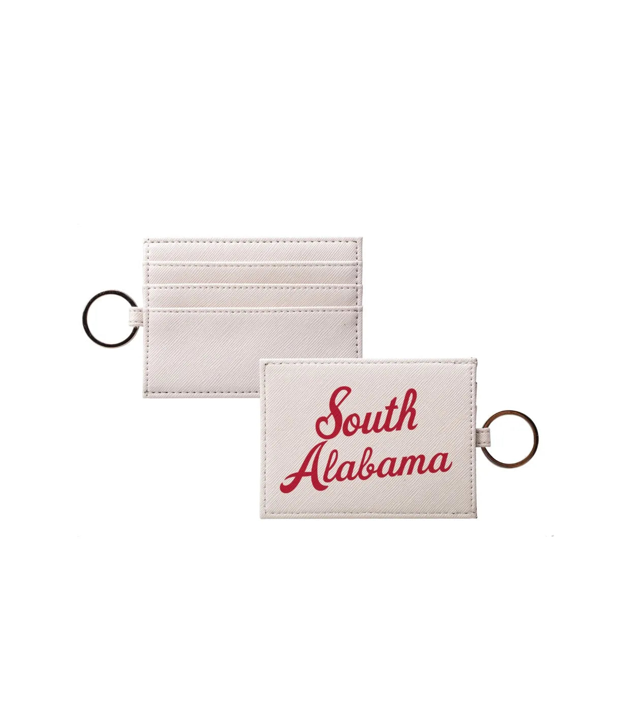 South Alabama Vegan Saffiano Leather Keychain Card Holder - Red Script Travel Wallet