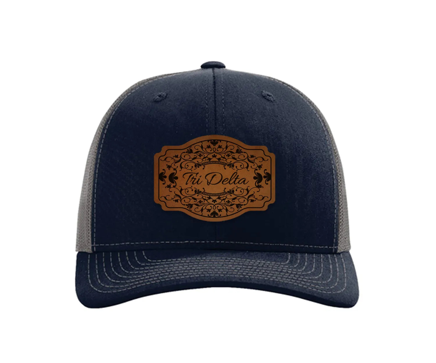 Tri Delta Richardson 112 Leatherette Patch Trucker Hat - Scroll Navy Charcoal Trucker Hat