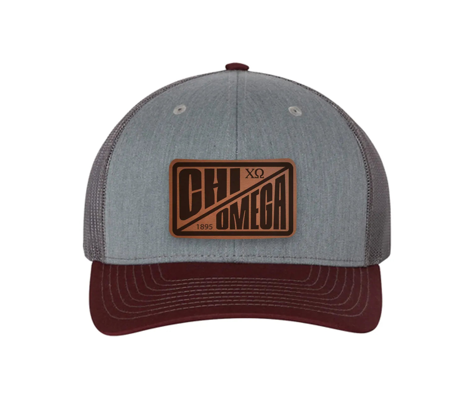 Chi Omega Richardson 112 Leatherette Patch Trucker Hat - Divide Heather Gray Charcoal Maroon Trucker Hat