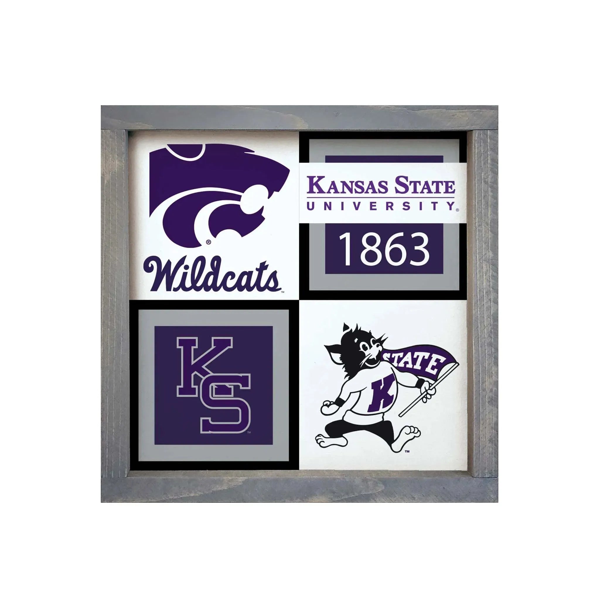 Kansas State University Framed Sign - Classic Color Block - 12"x12" Weathered Gray Wall Art & Signs