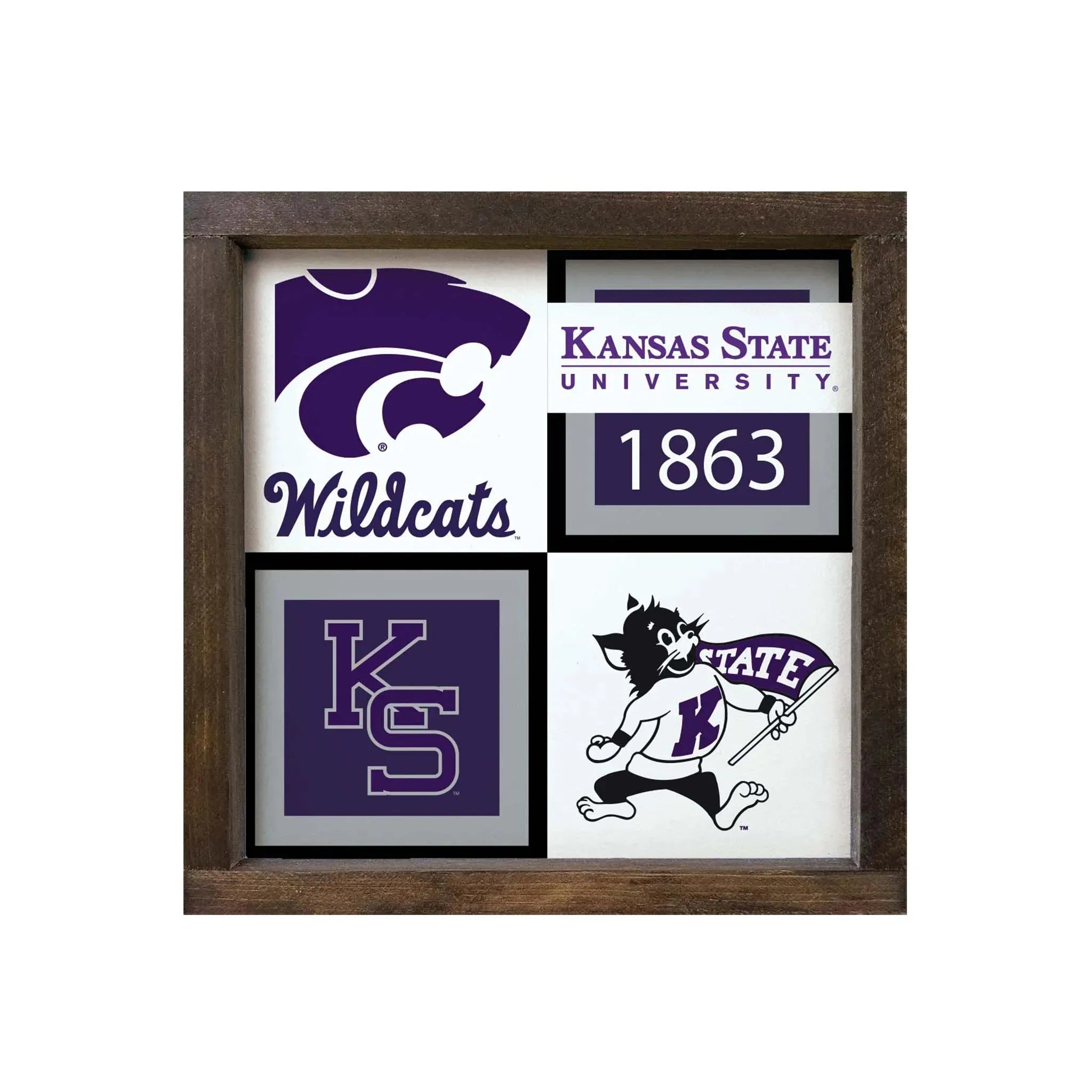 Kansas State University Framed Sign - Classic Color Block - 12"x12" Walnut Stain Wall Art & Signs