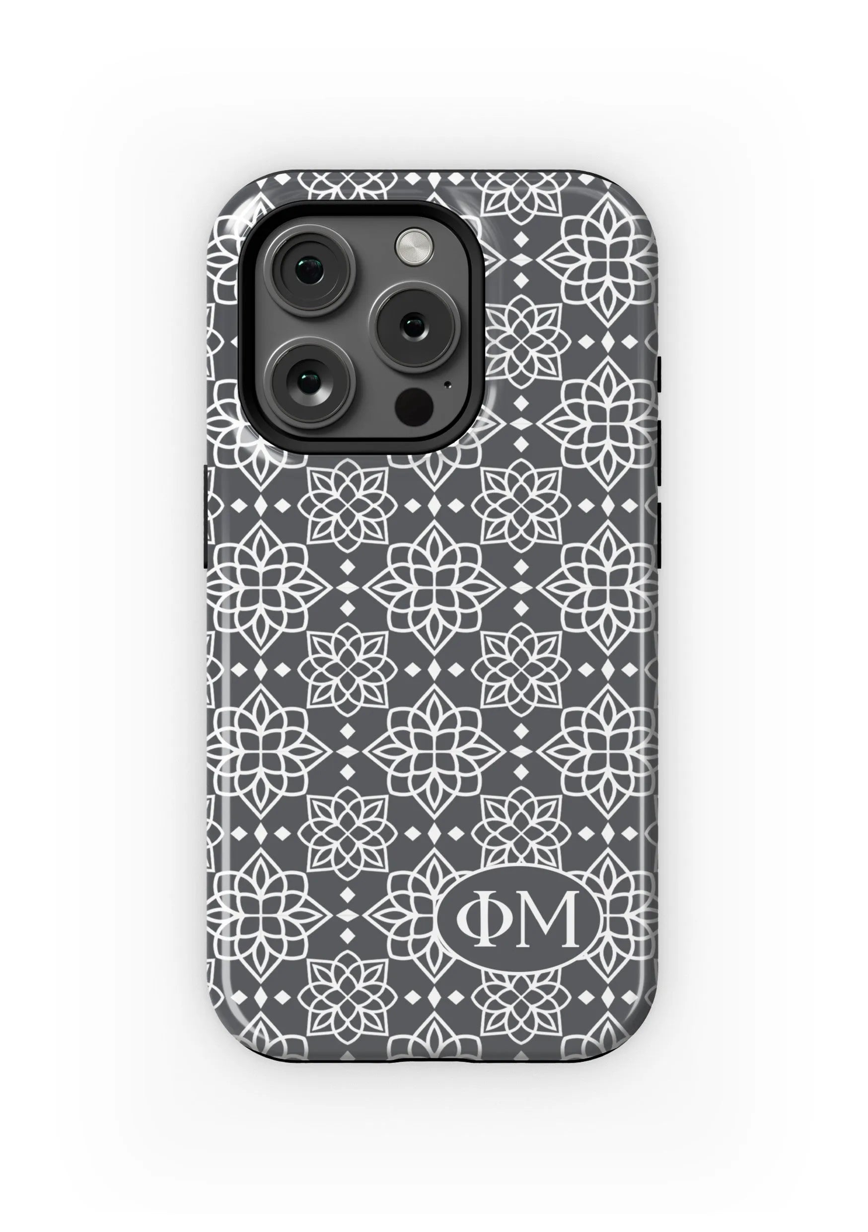 Phi Mu iPhone 16, 15, 14 Mobile Phone Case - Gray Ornate Gloss Mobile Phone Cases