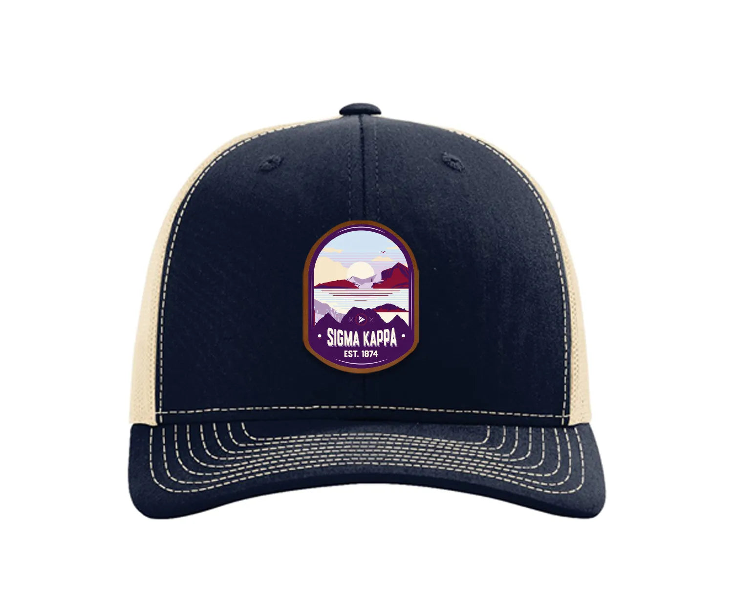 Sigma Kappa Richardson 112 UV Print Leatherette Patch Trucker Hat - Ventura Navy Khaki Trucker Hat