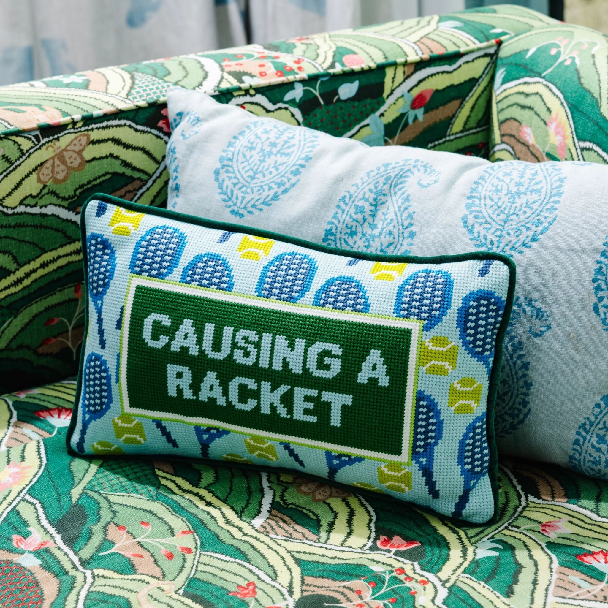 Causing A Racket Needlepoint Pillow | Tennis Themed Dorm Decor