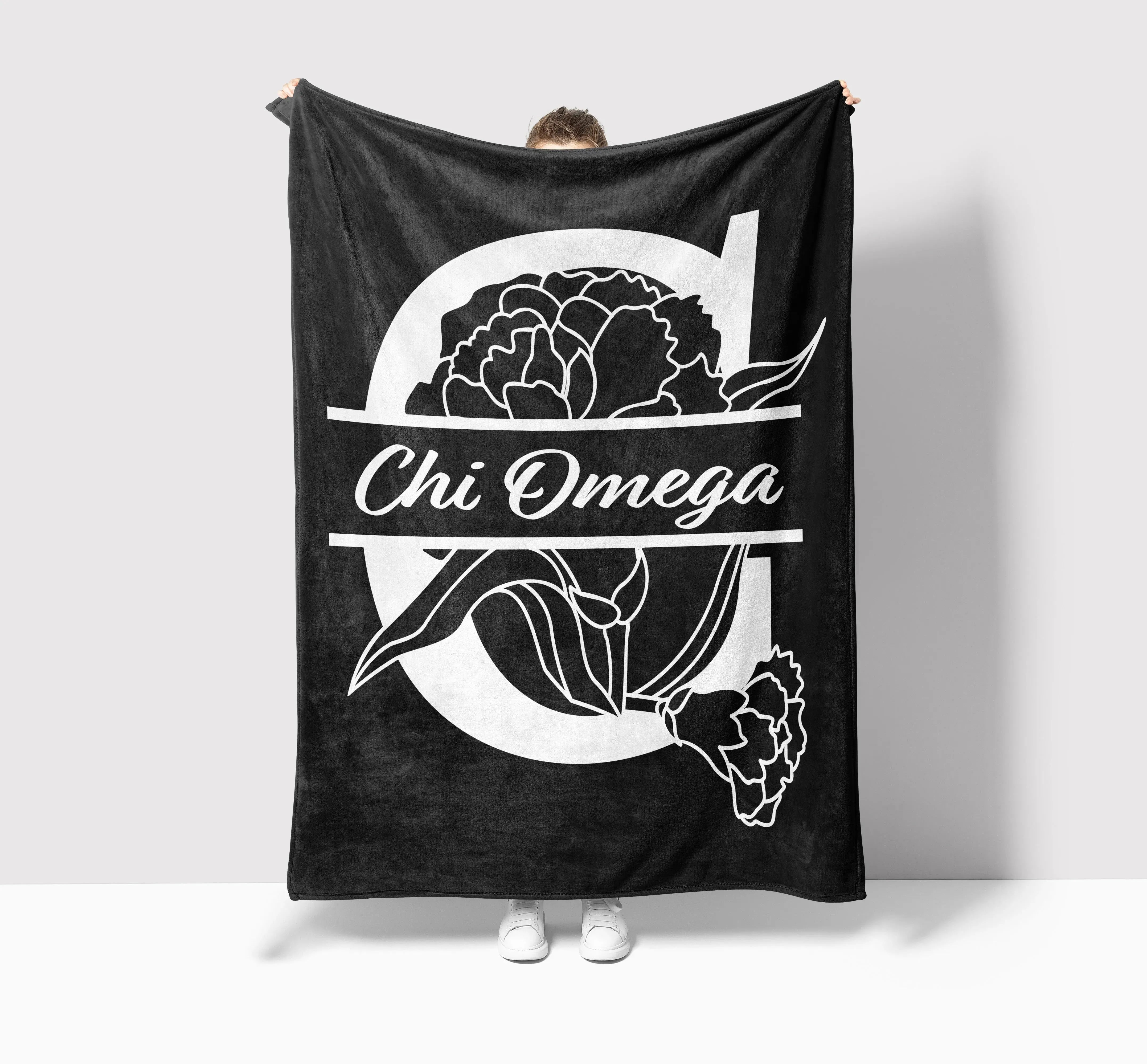 Chi Omega XL 60x80 Sherpa Throw Blanket - Carnation Monogram Throw Blankets