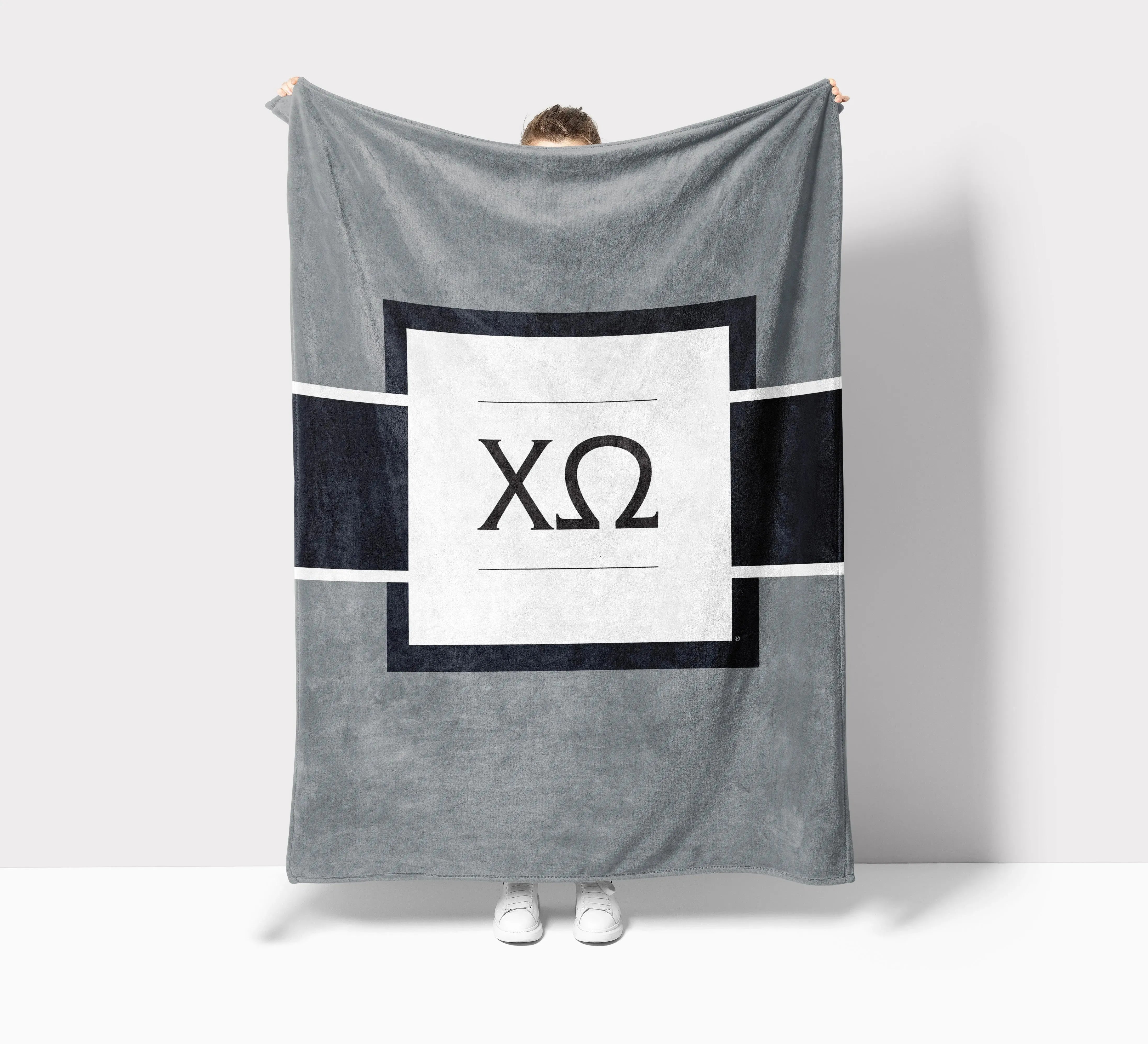 Chi Omega XL 60x80 Sherpa Throw Blanket - Gray Greek Letters Throw Blankets