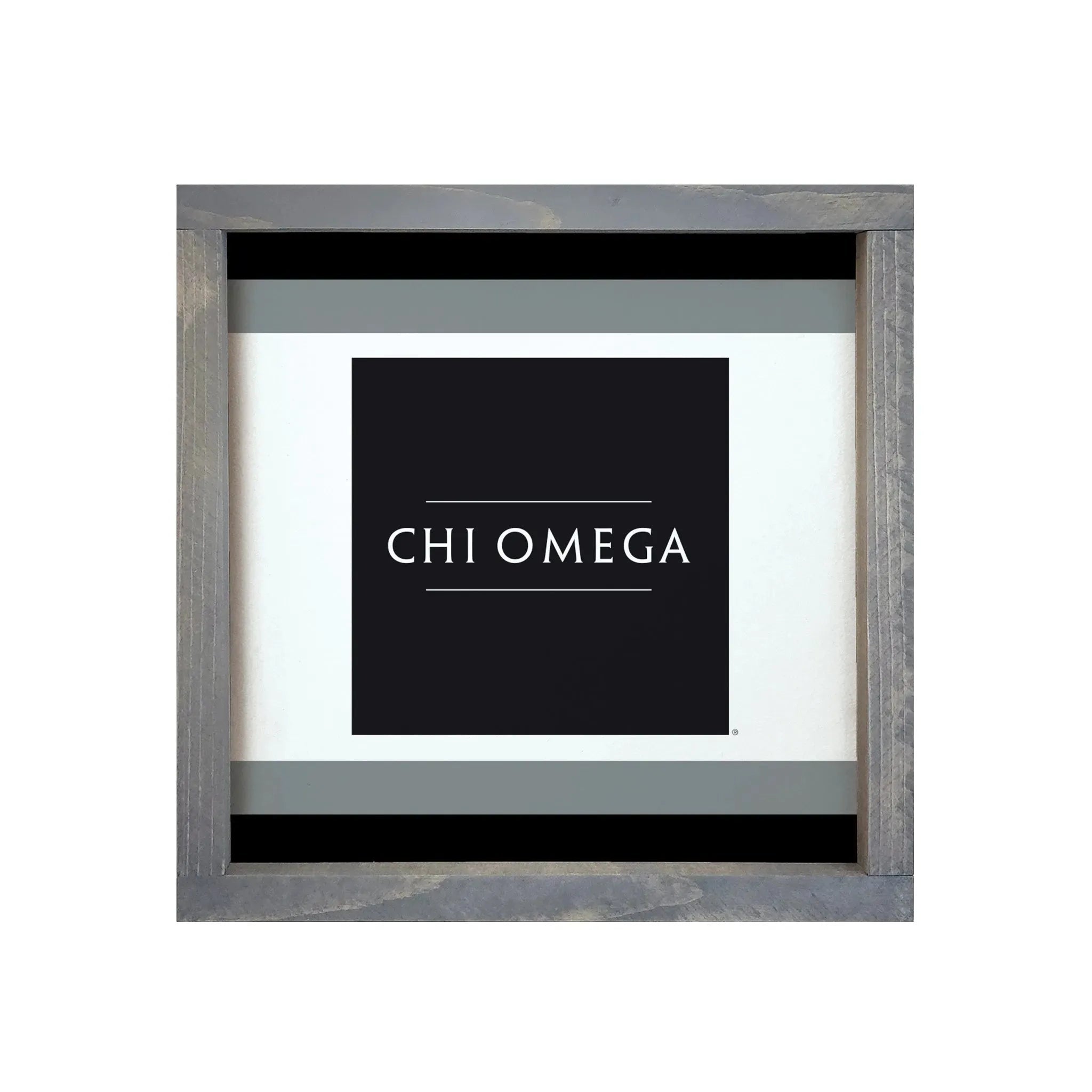 Chi Omega 12x12 Wood Framed Sign - Traditional Stripes - Black and Gray Weathered Gray Wall Art & Signs