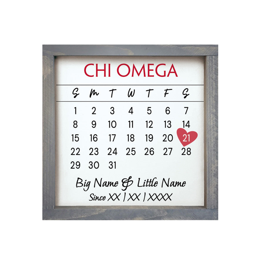 Chi Omega Personalized Big Little Calendar Framed Sign - 12x12