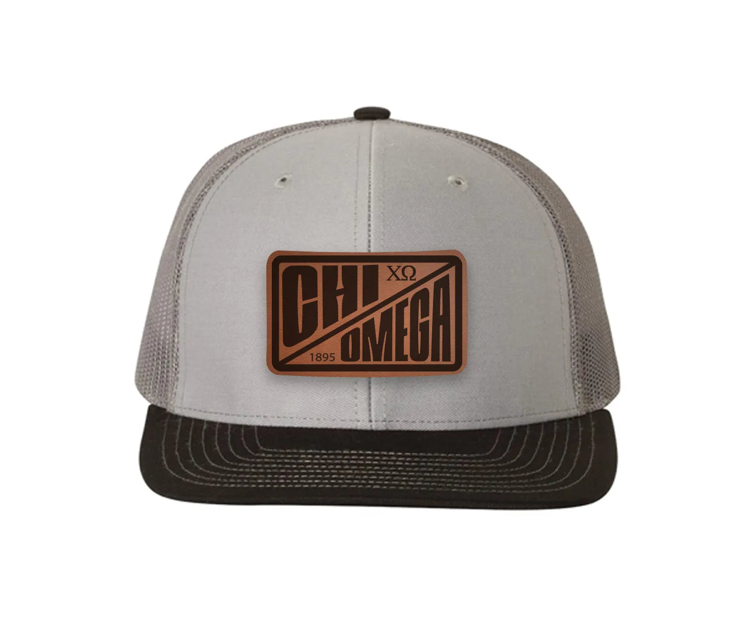 Chi Omega Richardson 112 Leatherette Patch Trucker Hat - Divide Gray Charcoal Black Trucker Hat