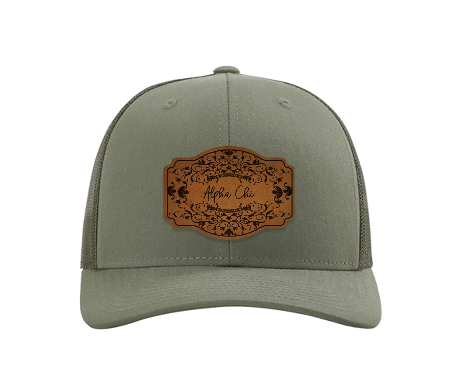 Alpha Chi Omega Richardson 112 Leatherette Patch Trucker Hat - Scroll Loden Trucker Hat